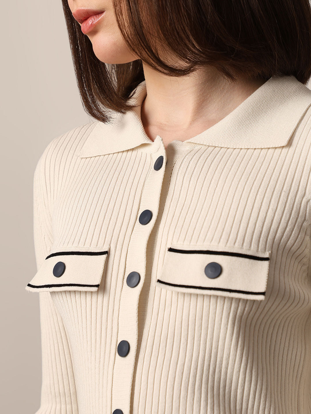 Beige Rib-Knit Fitted Shirt