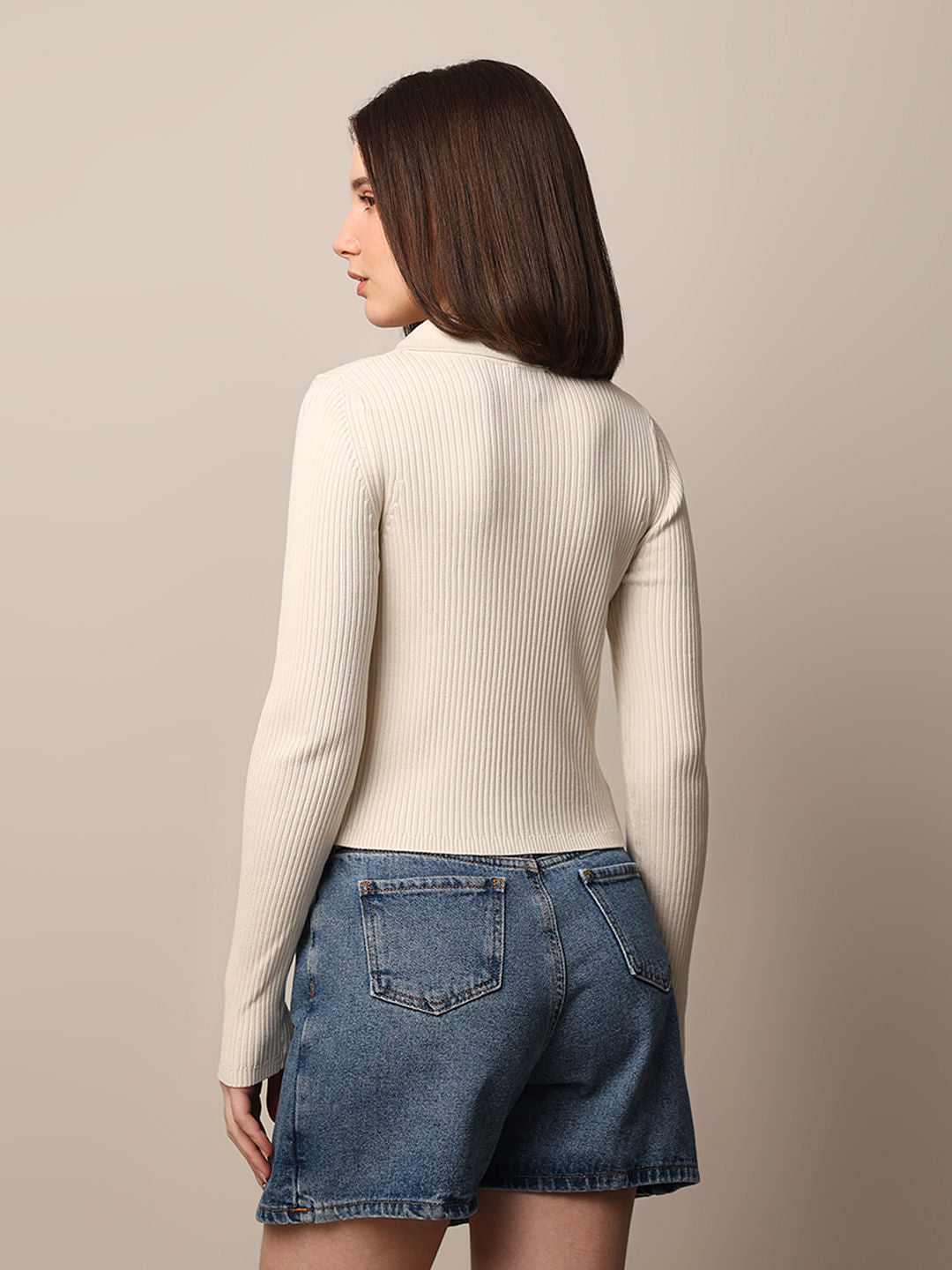 Beige Rib-Knit Fitted Shirt