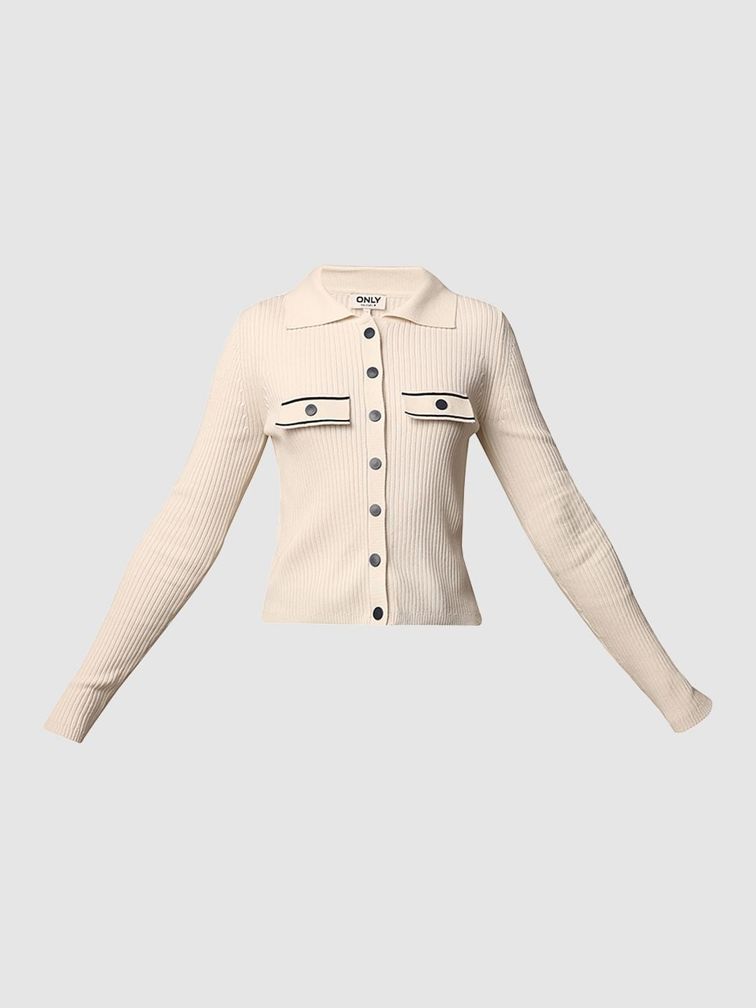 Beige Rib-Knit Fitted Shirt