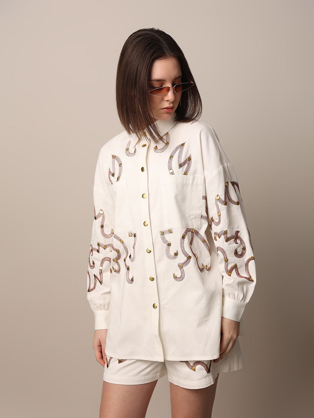 White Embroidered Co-Ord Set Shirt
