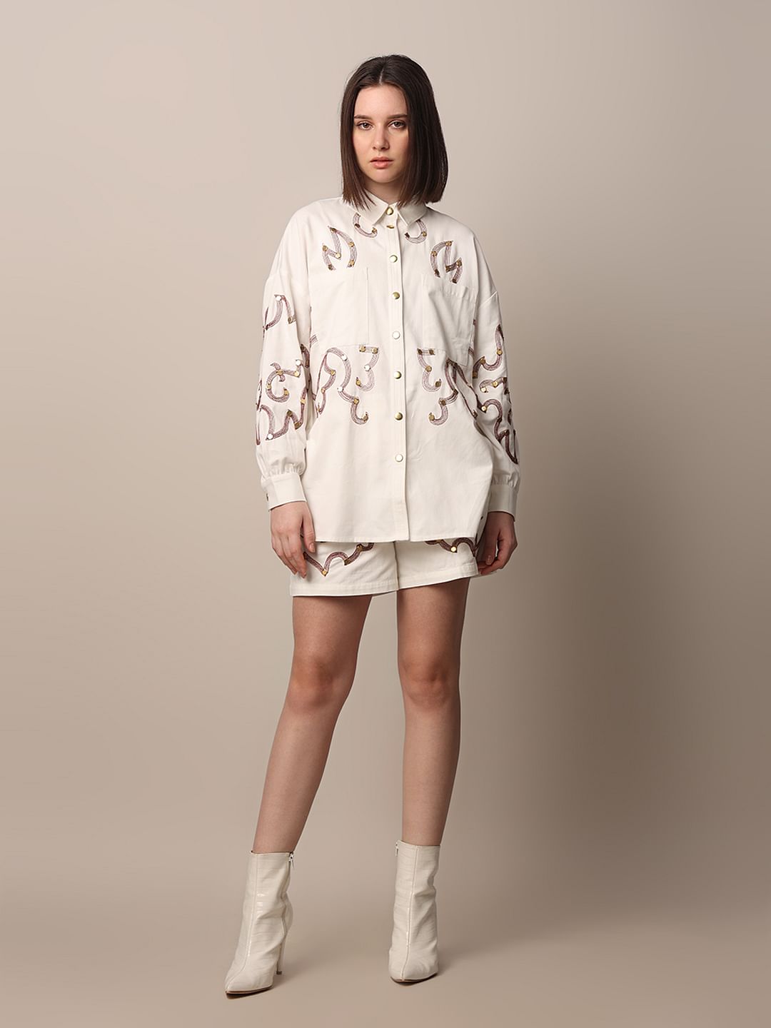 White Embroidered Co-Ord Set Shirt