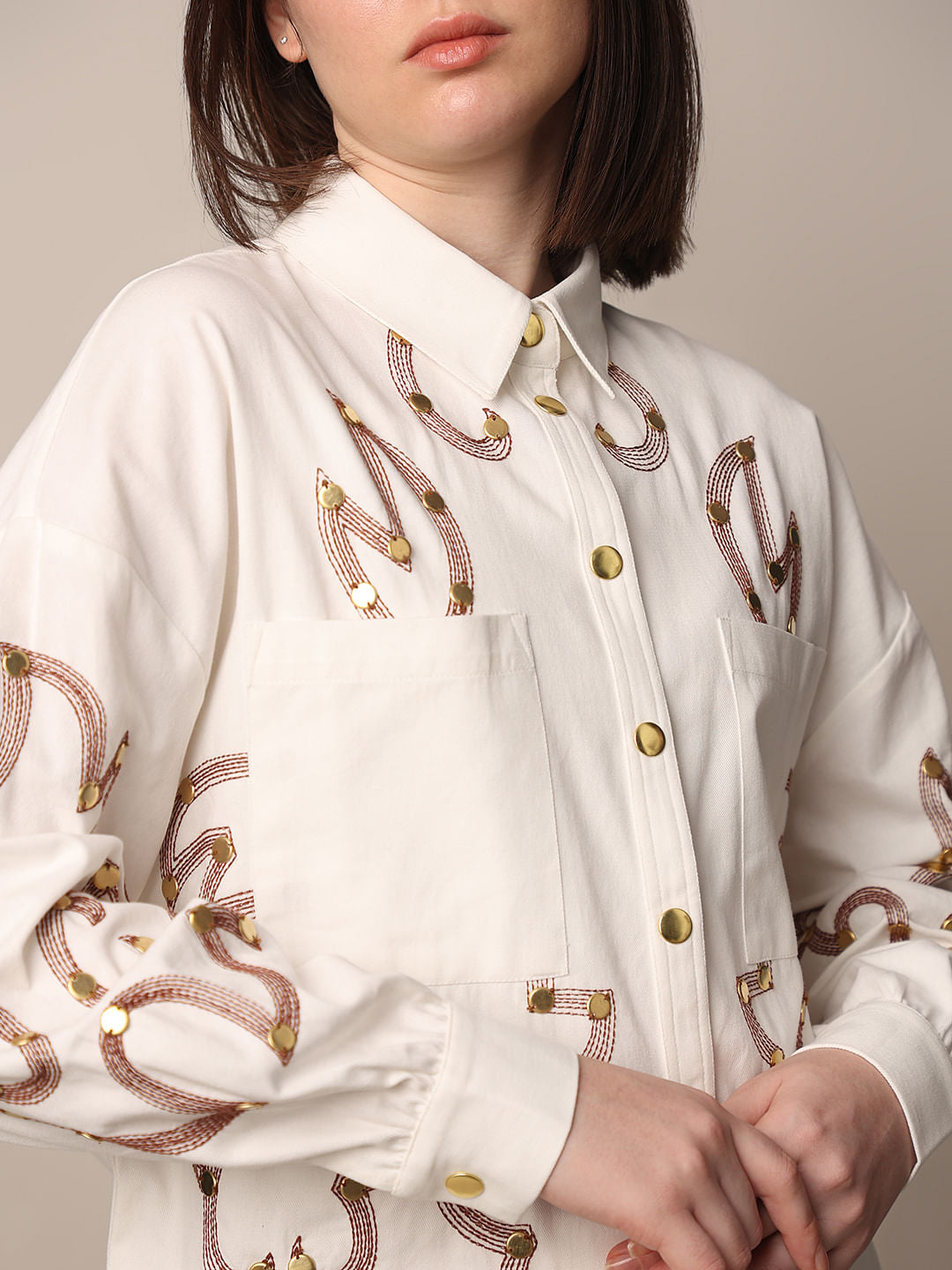 White Embroidered Co-Ord Set Shirt