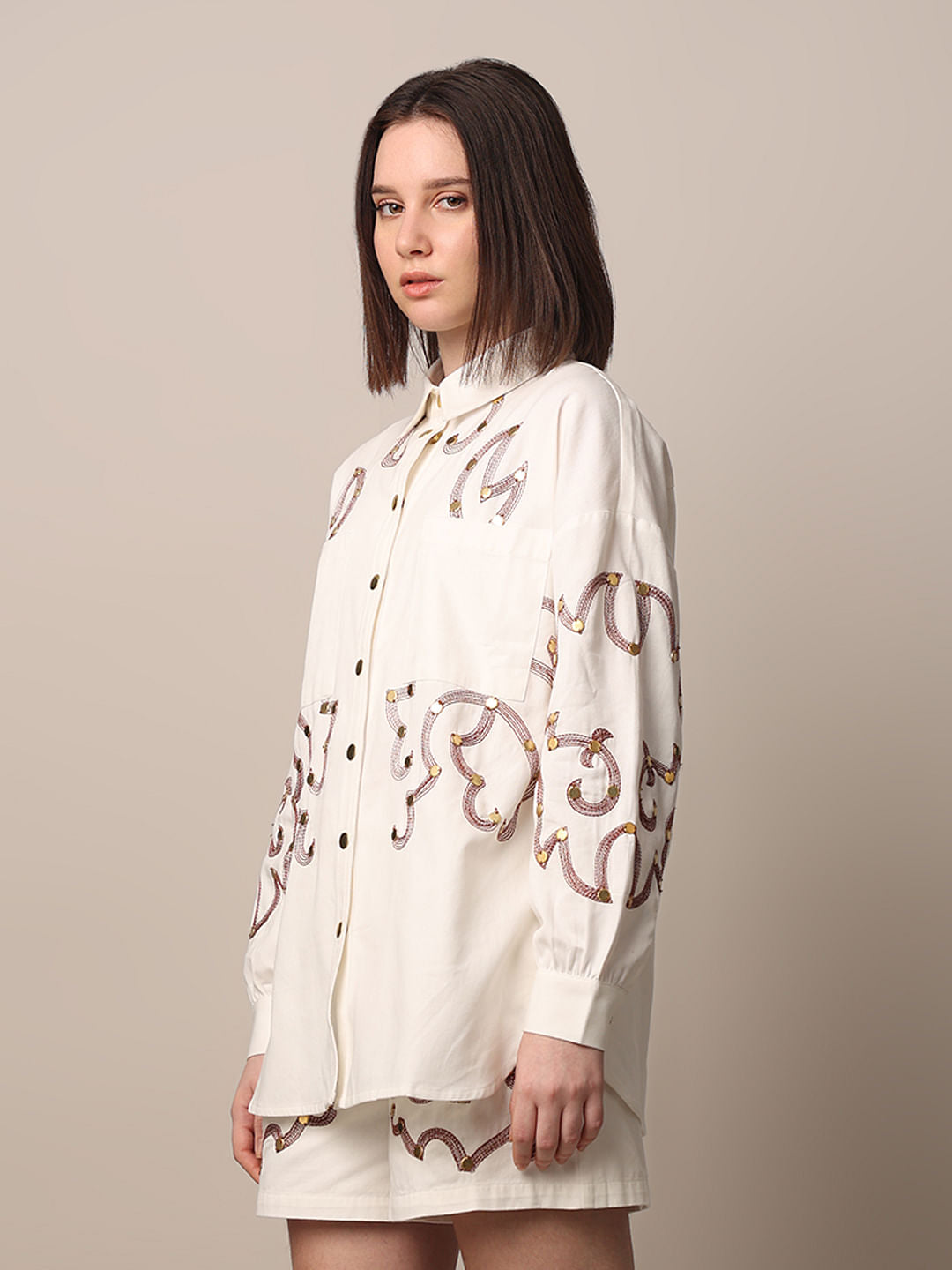 White Embroidered Co-Ord Set Shirt