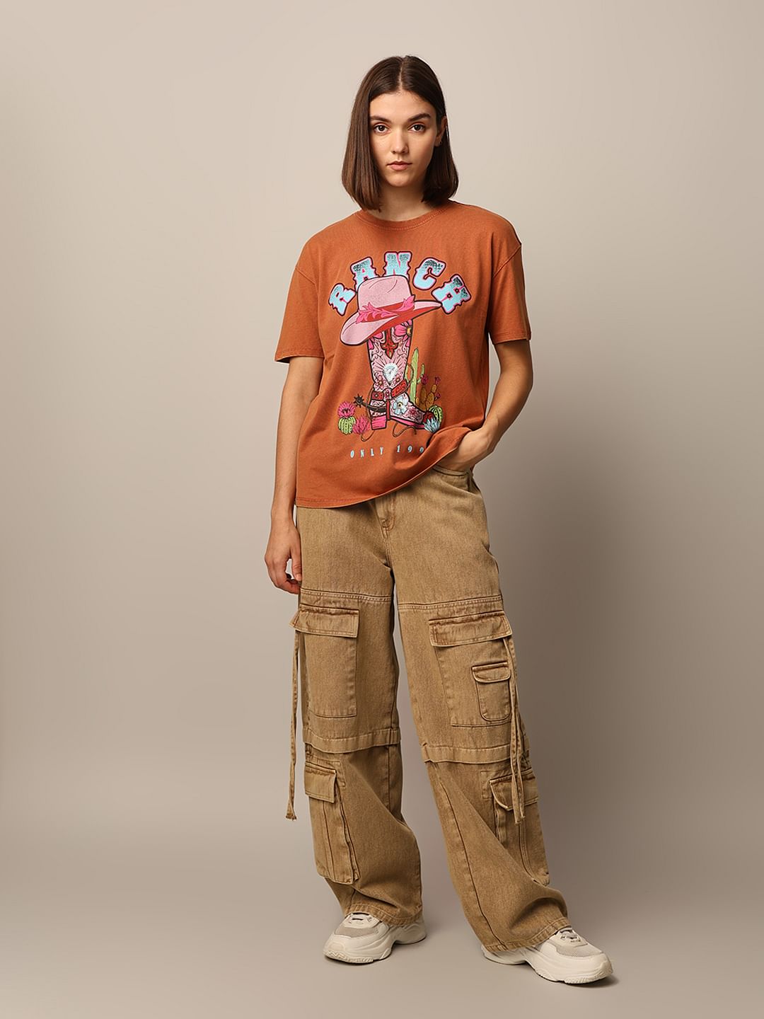 Brown Washed Printed T-Shirt