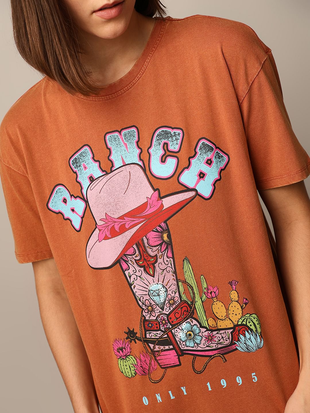 Brown Washed Printed T-Shirt