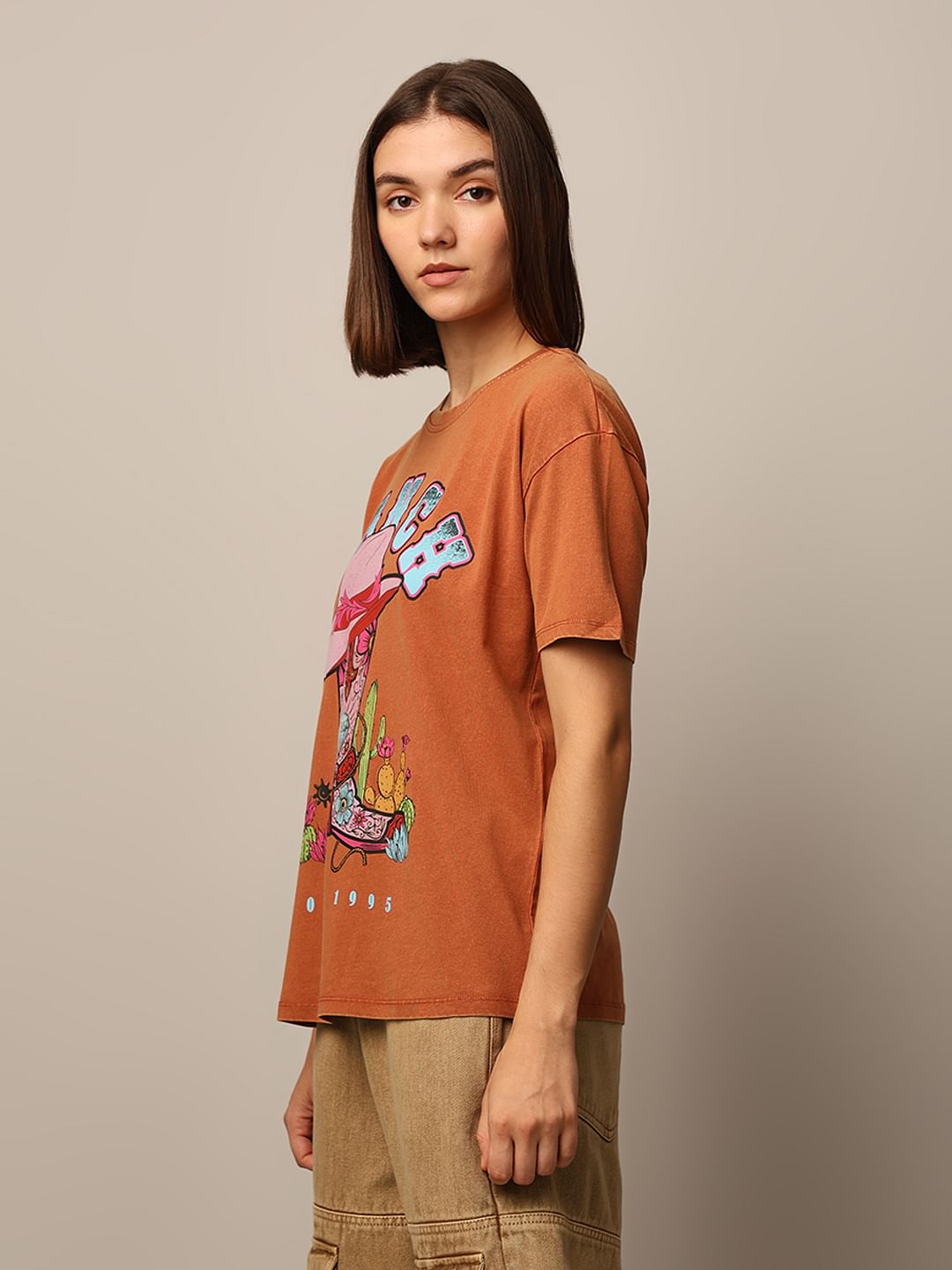 Brown Washed Printed T-Shirt