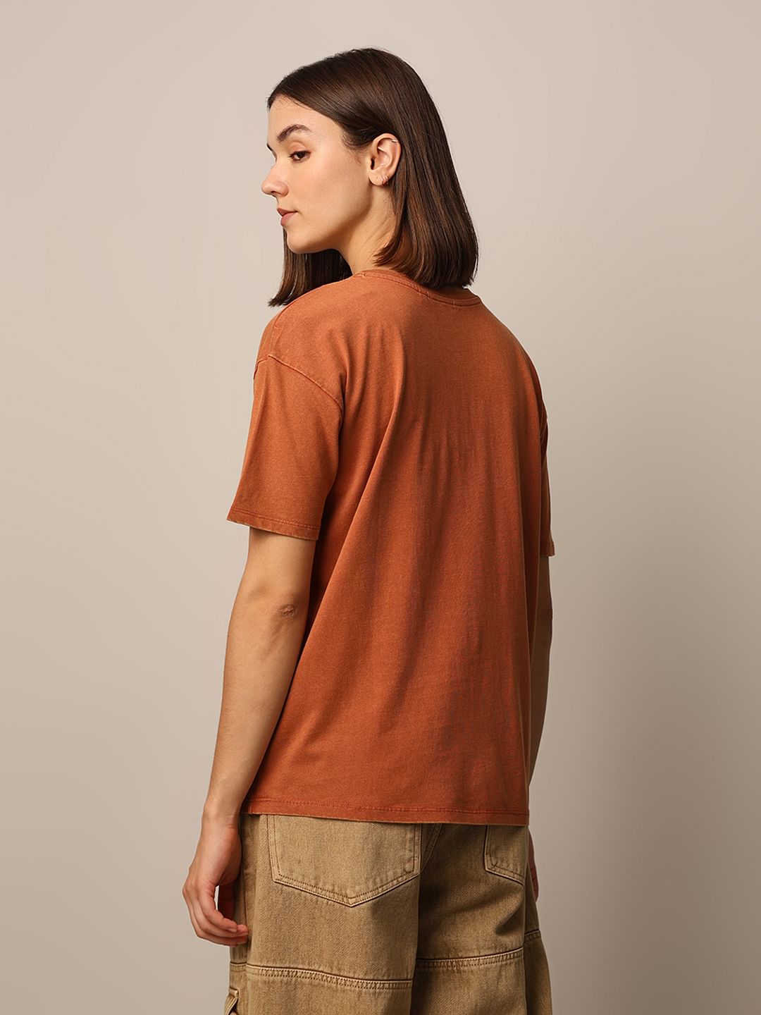 Brown Washed Printed T-Shirt