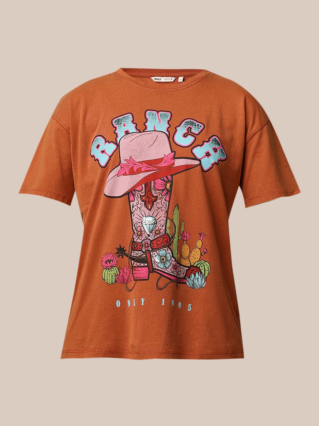 Brown Washed Printed T-Shirt