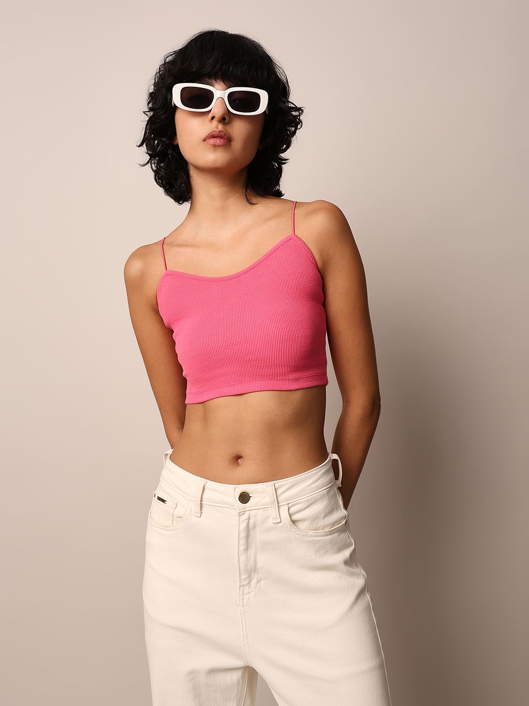 Pink Ribbed Bandeau Top