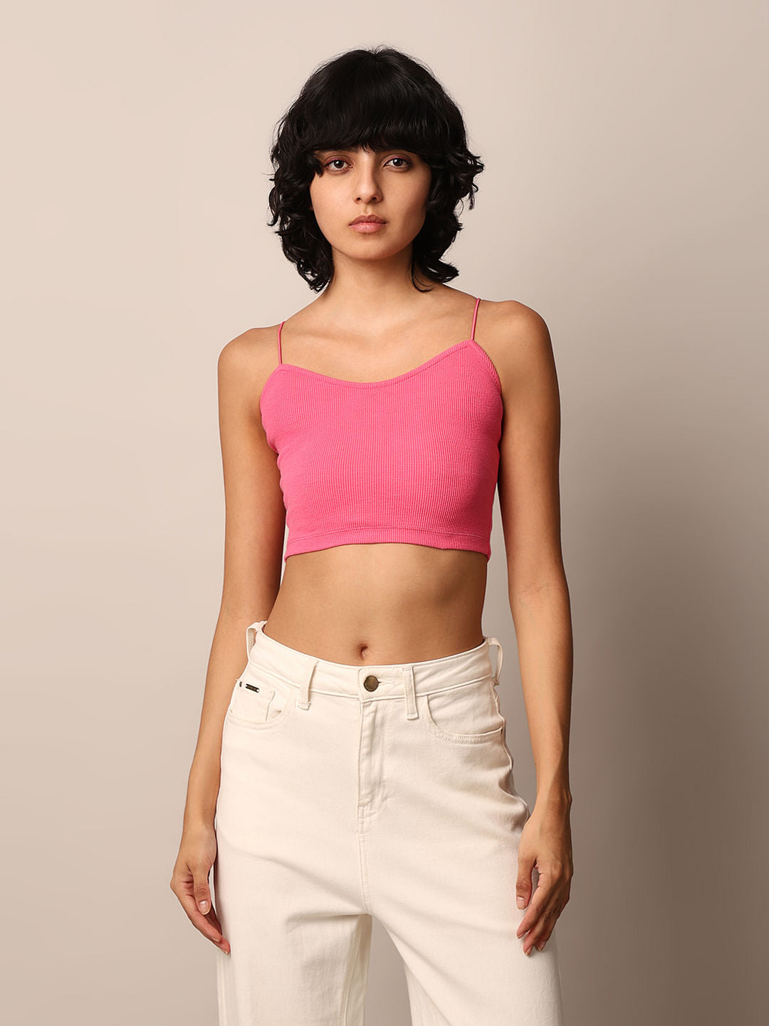 Pink Ribbed Bandeau Top
