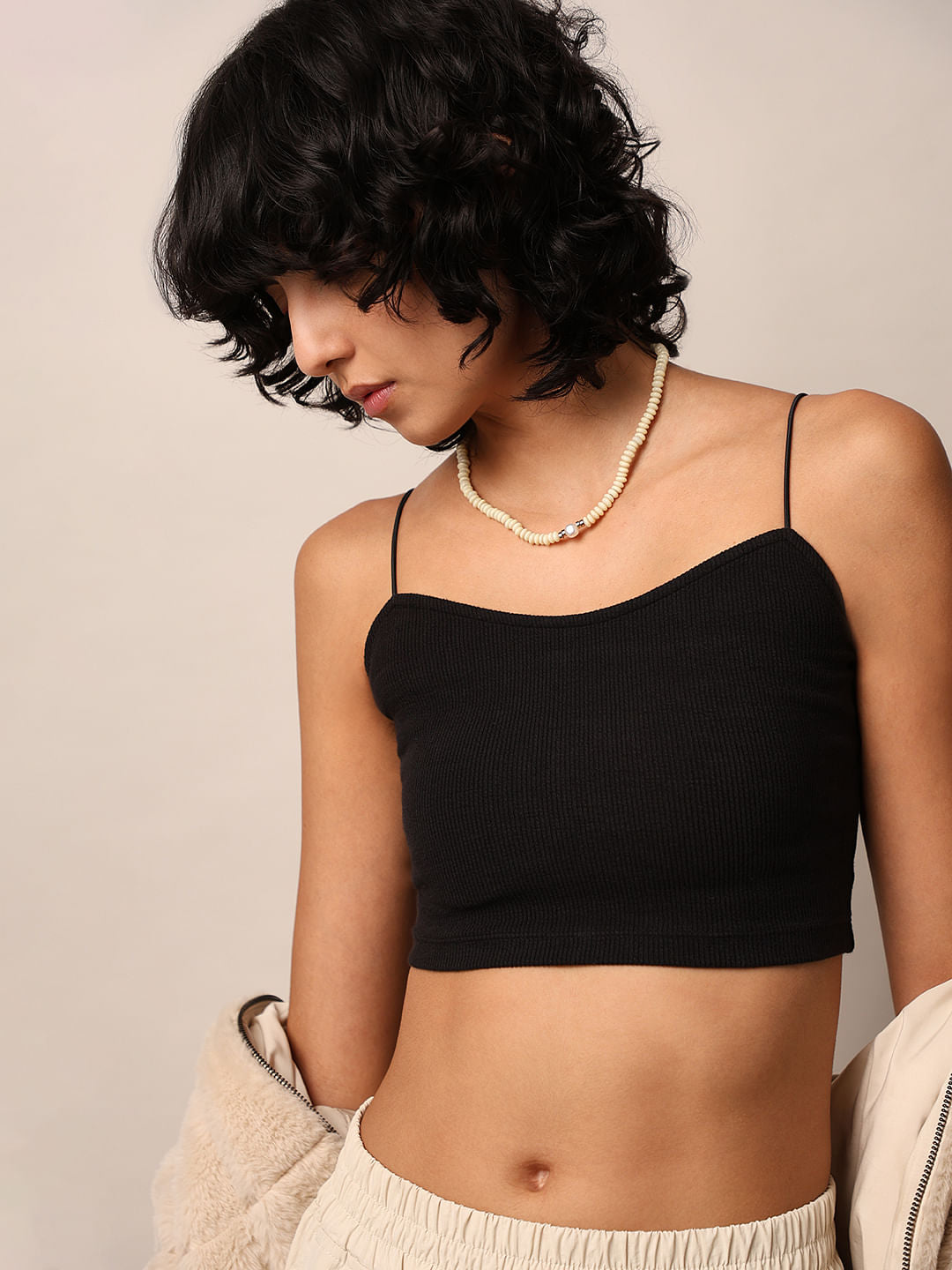 Black Ribbed Bandeau Top