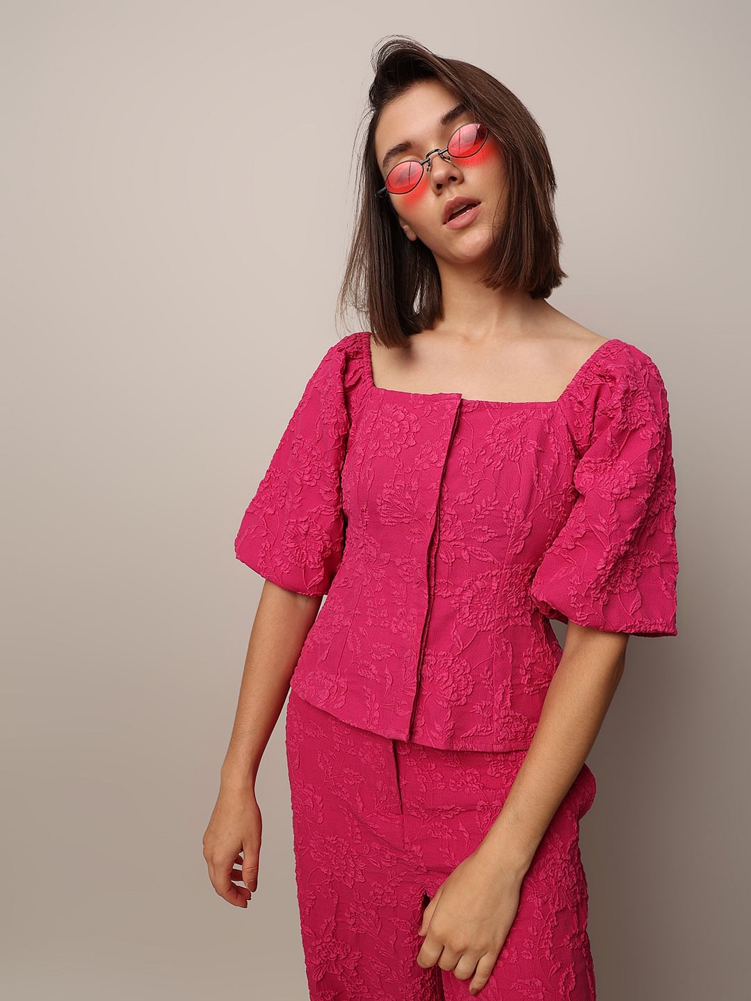 Dark Pink Puff Sleeves Co-Ord Set Top