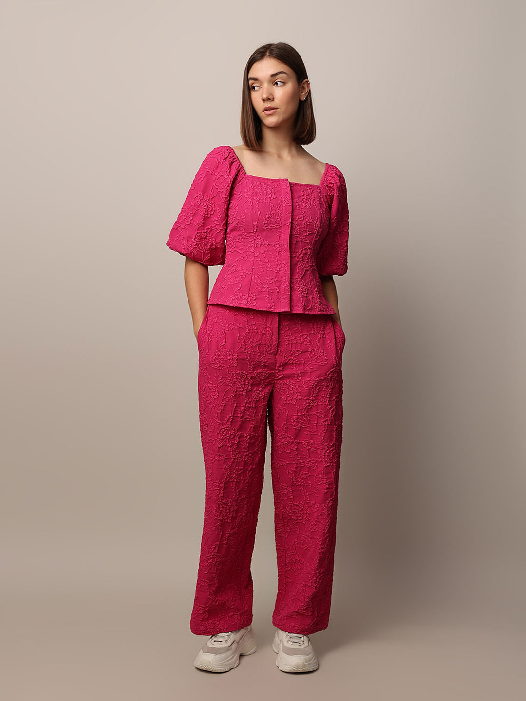 Dark Pink Puff Sleeves Co-Ord Set Top