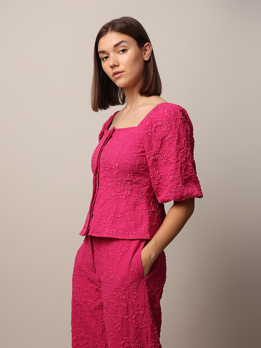 Dark Pink Puff Sleeves Co-Ord Set Top