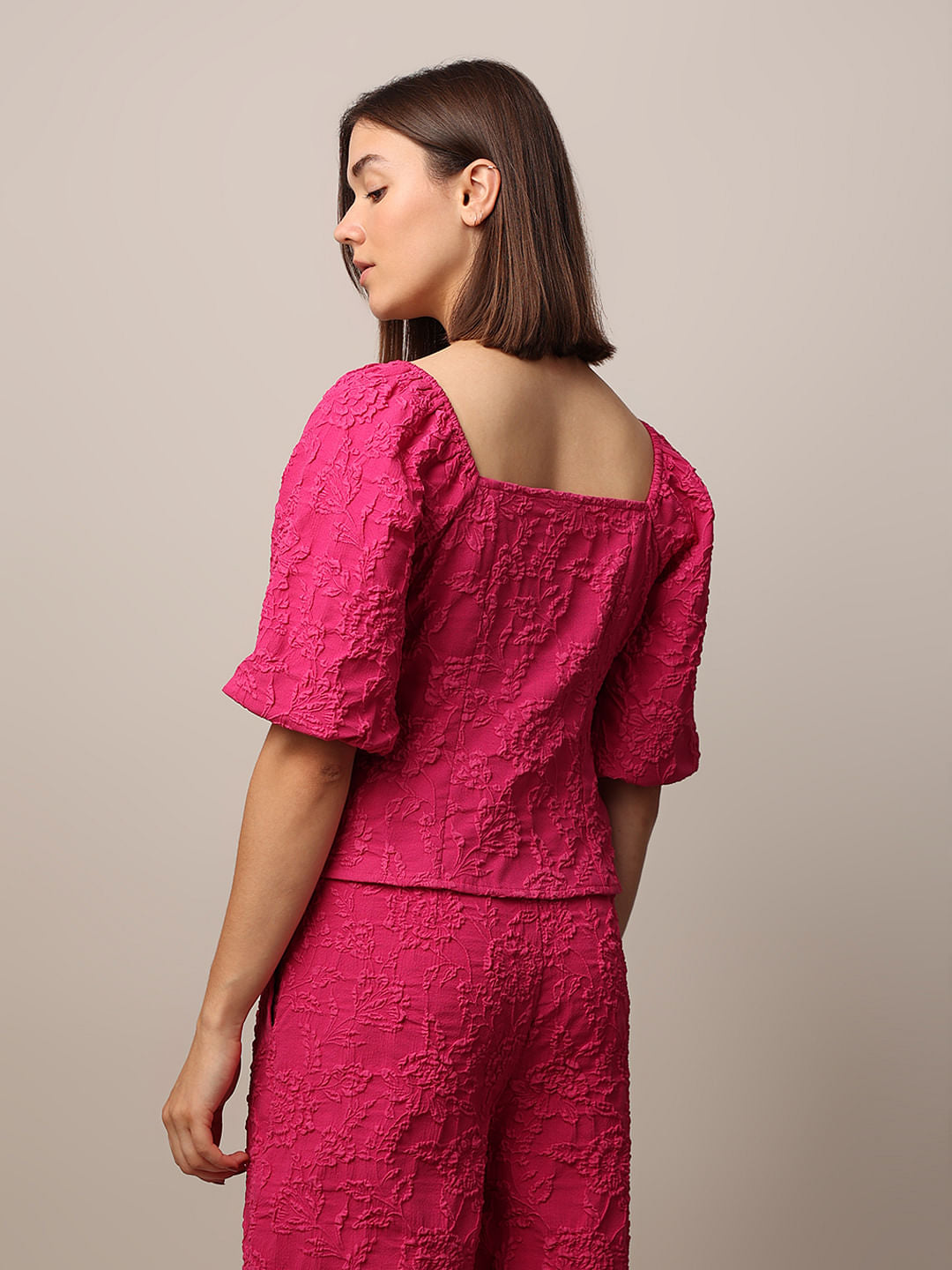 Dark Pink Puff Sleeves Co-Ord Set Top