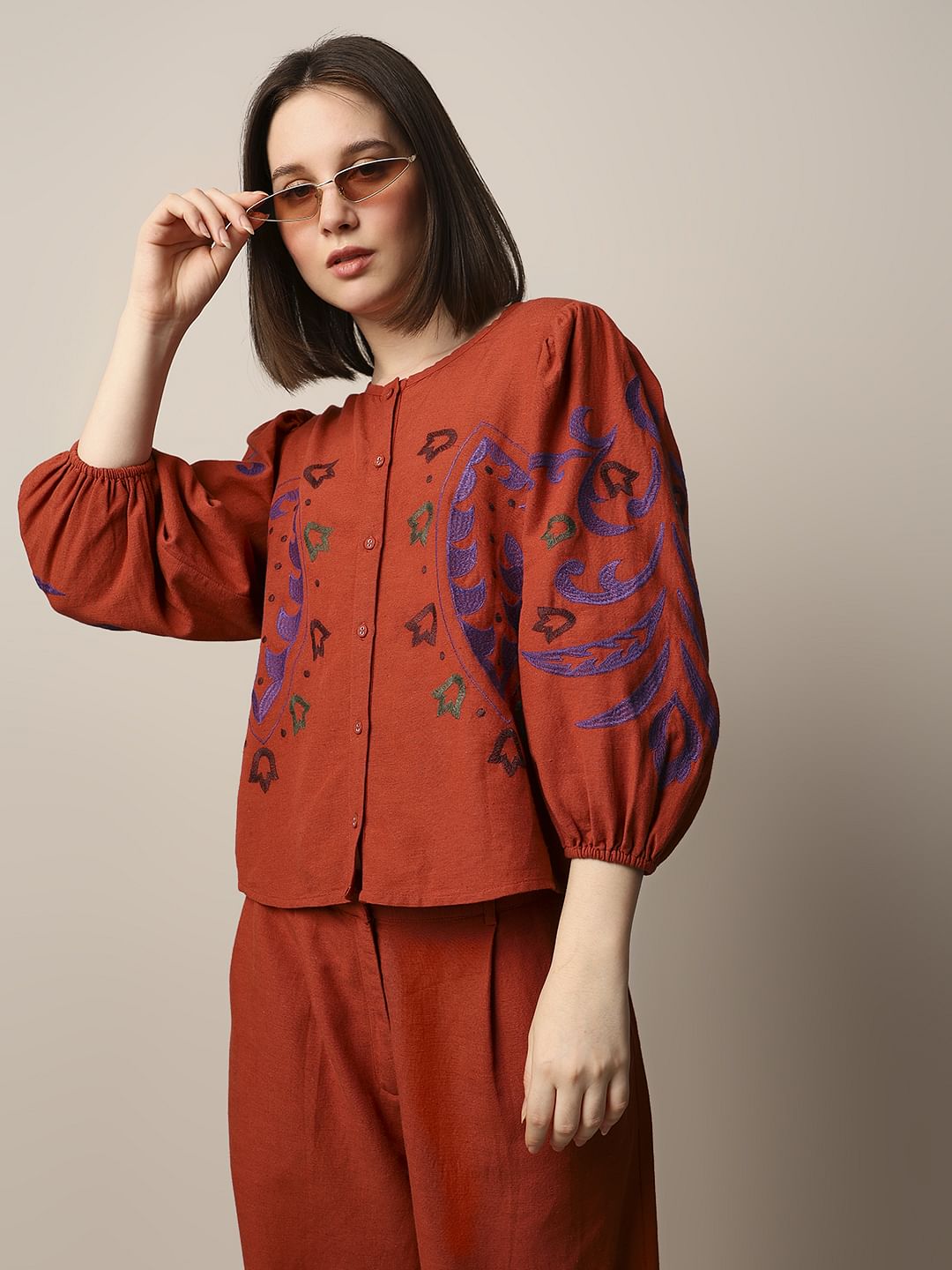 Red Embroidered Co-Ord Set Top