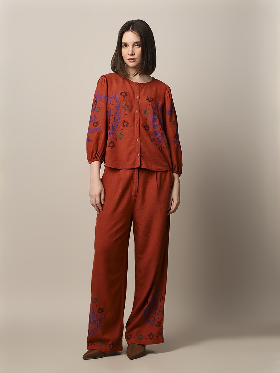 Red Embroidered Co-Ord Set Top