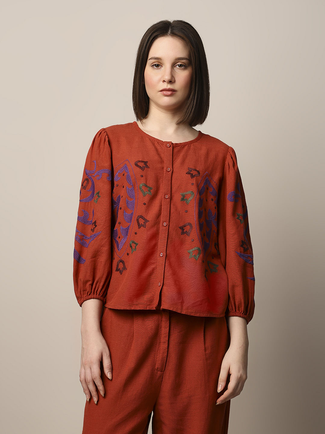 Red Embroidered Co-Ord Set Top