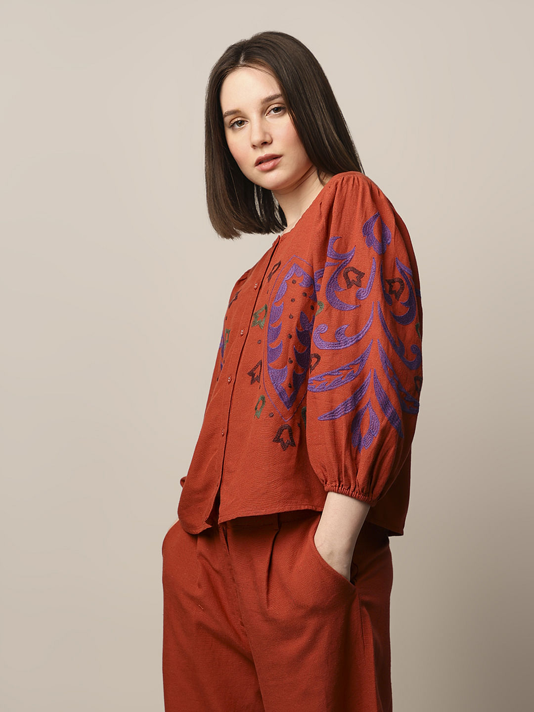 Red Embroidered Co-Ord Set Top