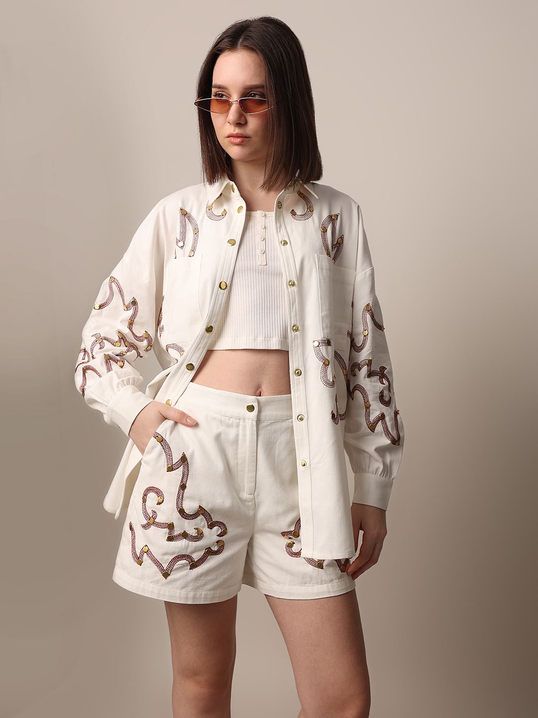 White Embroidered Co-Ord Set Shorts