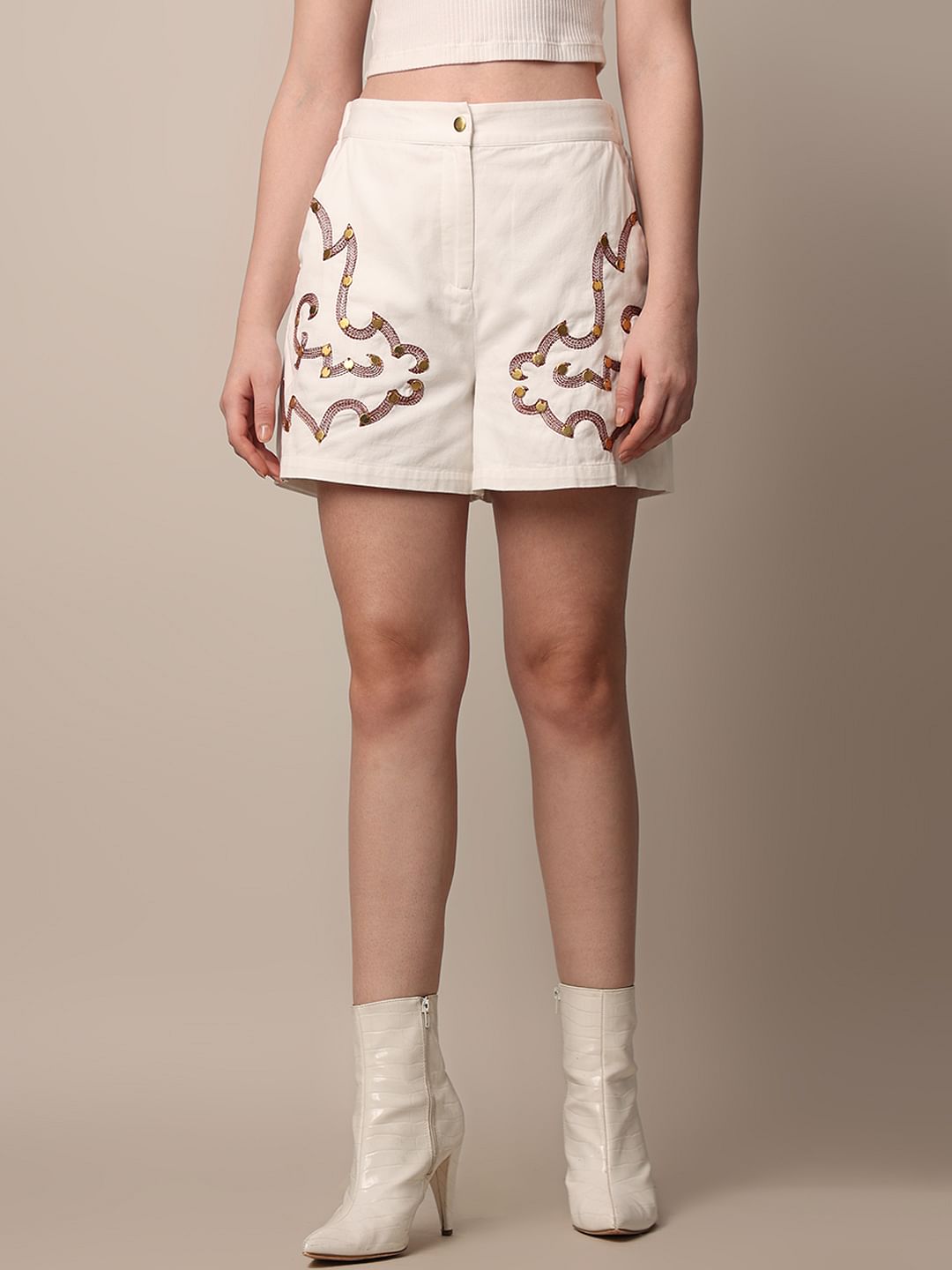 White Embroidered Co-Ord Set Shorts