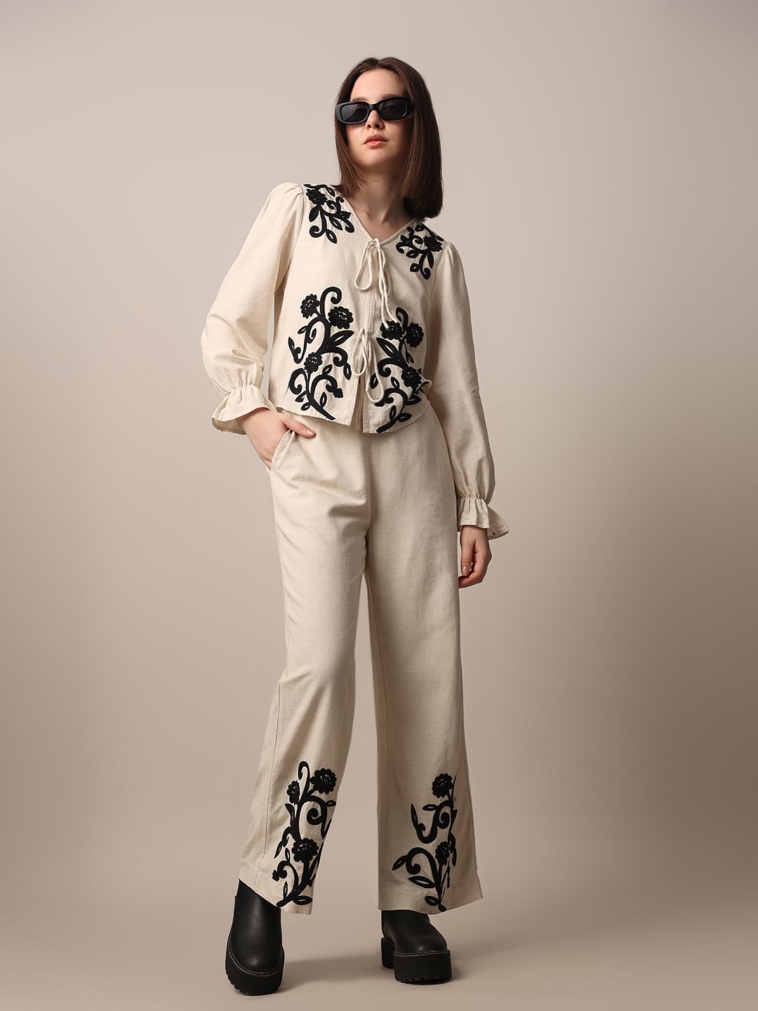 Beige Embroidered Co-Ord Set Pants