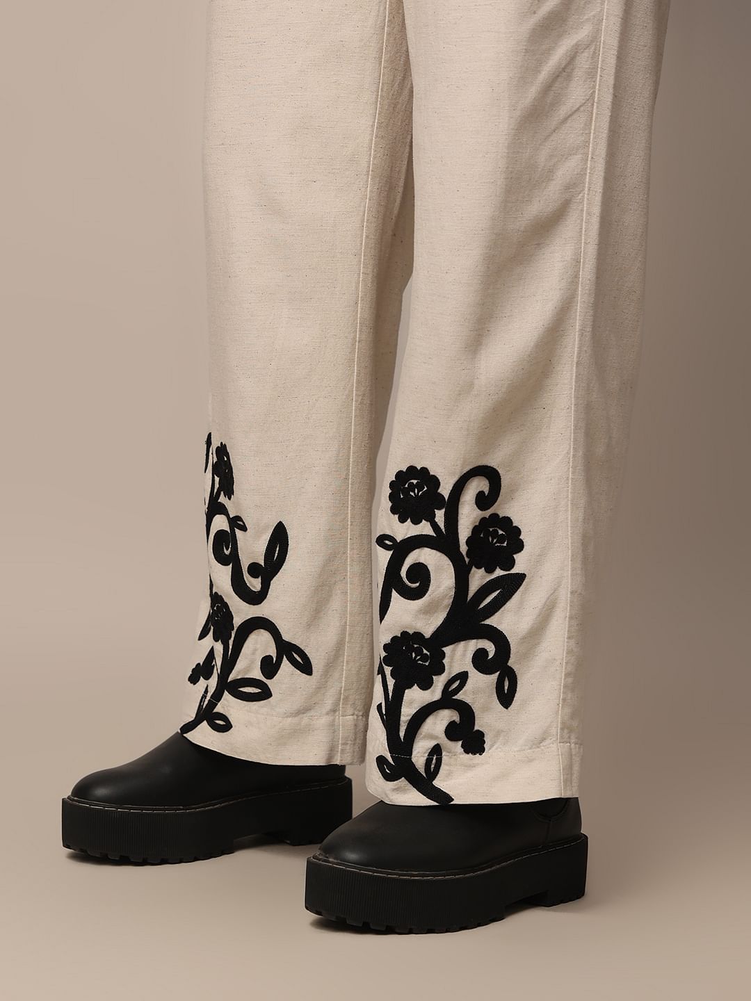 Beige Embroidered Co-Ord Set Pants