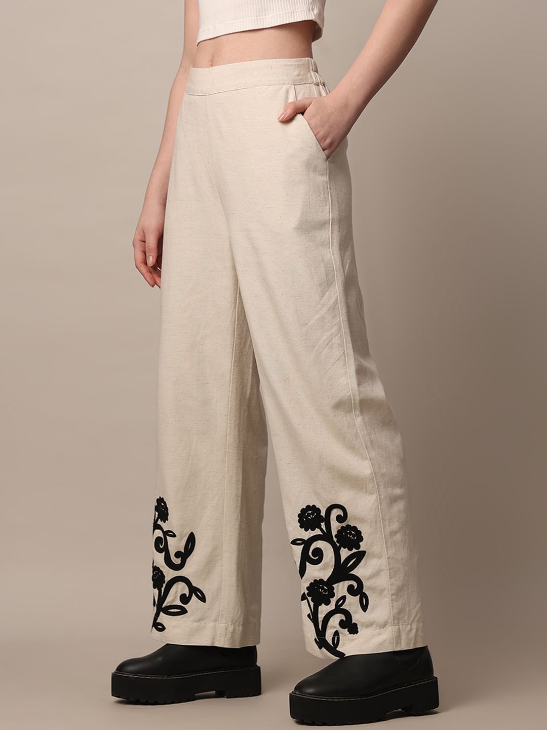 Beige Embroidered Co-Ord Set Pants