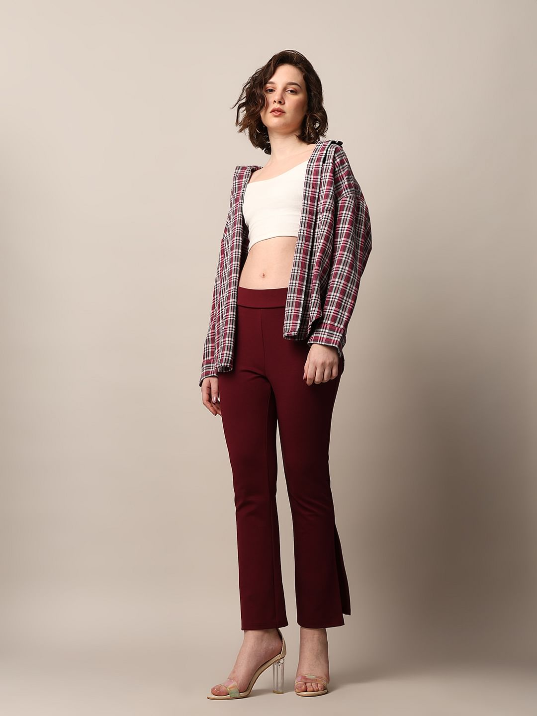 Maroon High Rise Flared Slit Hem Leggings - Main Image
