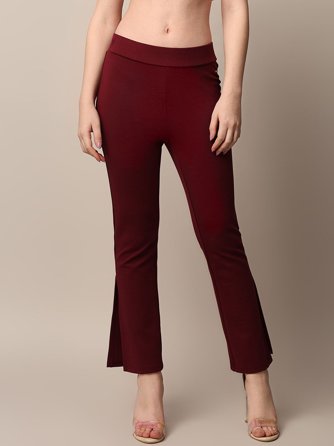 Maroon High Rise Flared Slit Hem Leggings
