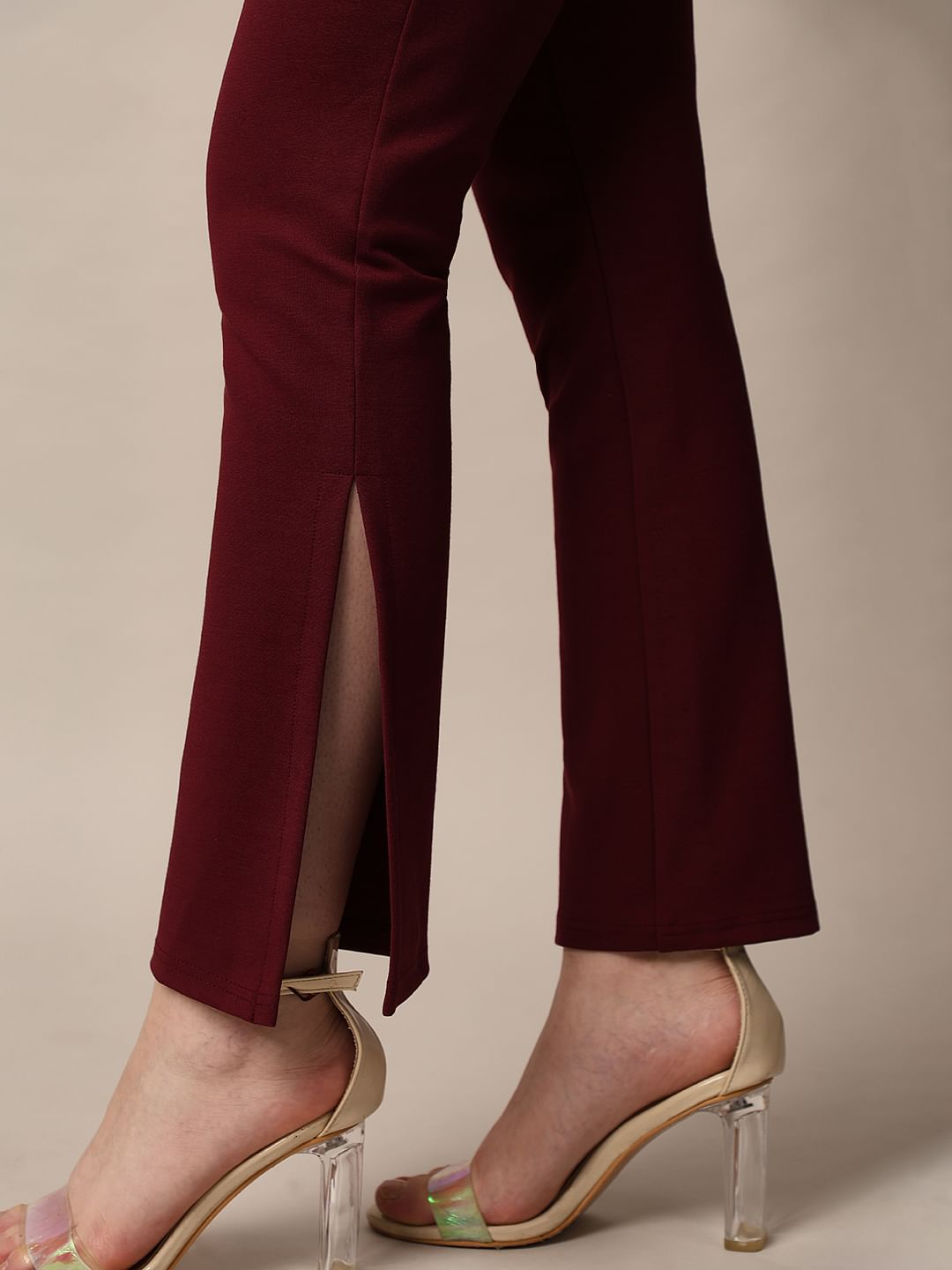 Maroon High Rise Flared Slit Hem Leggings