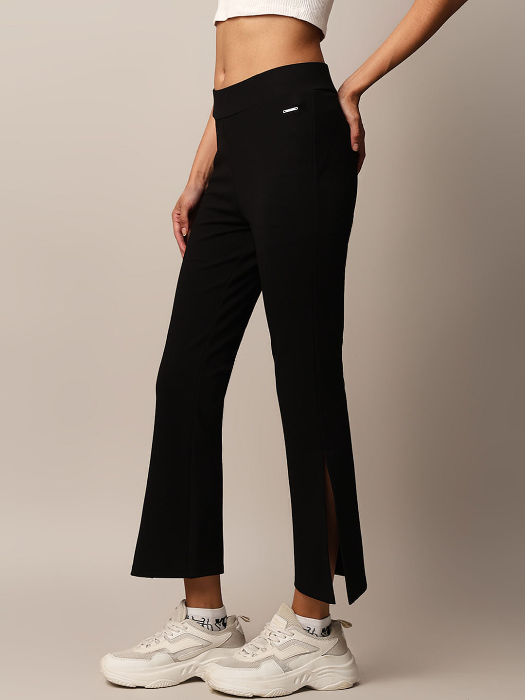 Black High Rise Flared Slit Hem Leggings