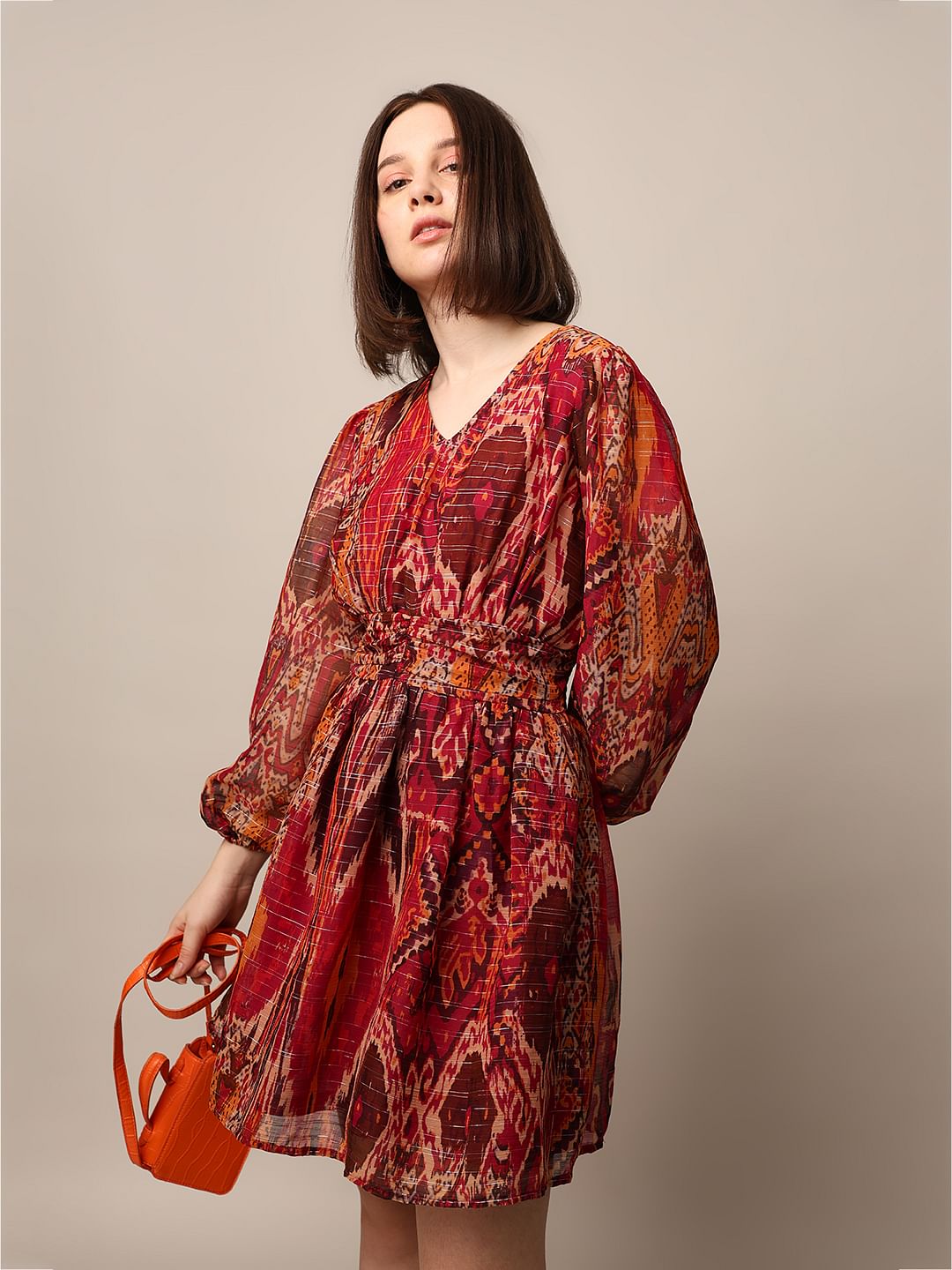 Maroon Printed Mini Dress