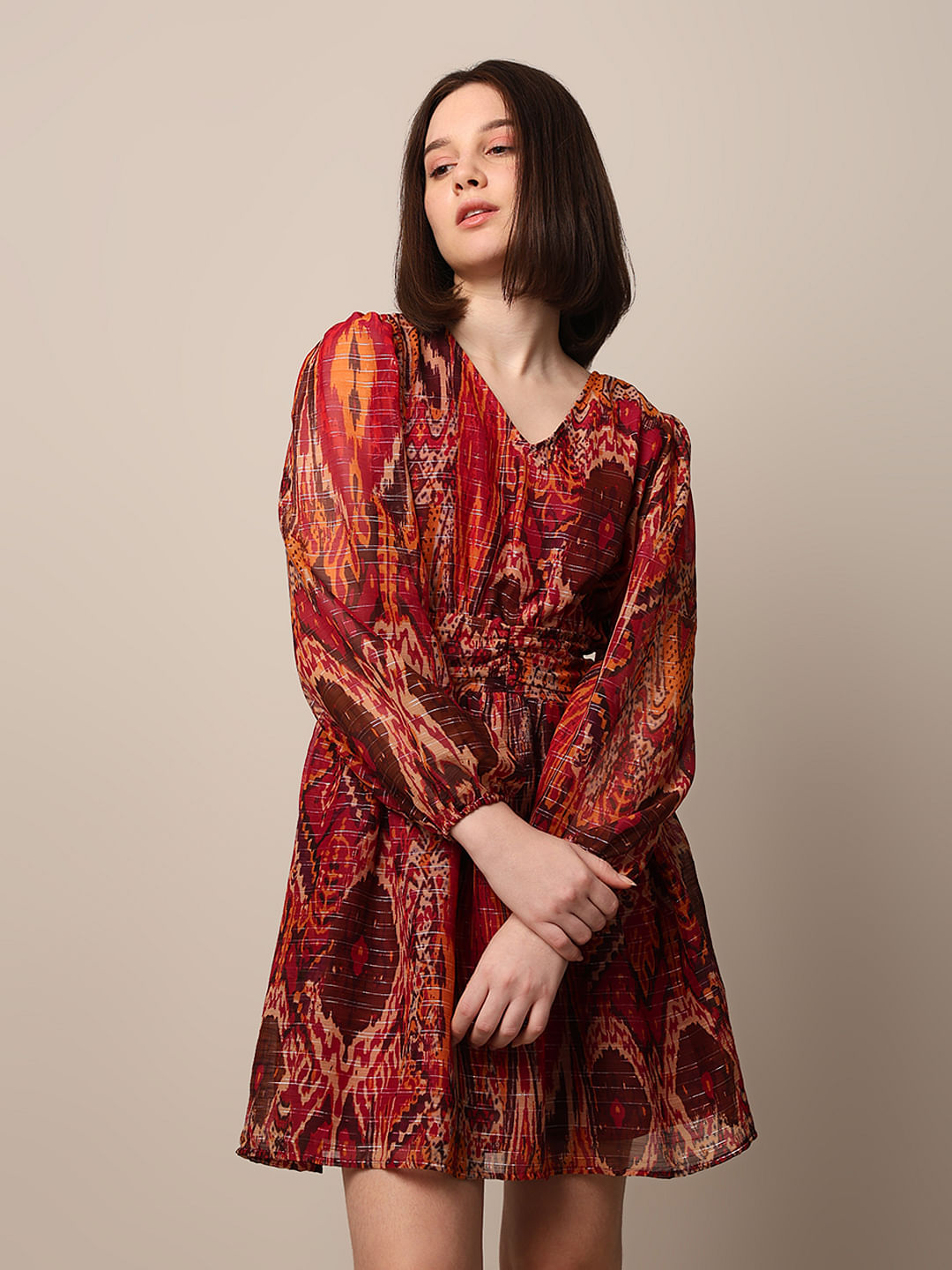 Maroon Printed Mini Dress