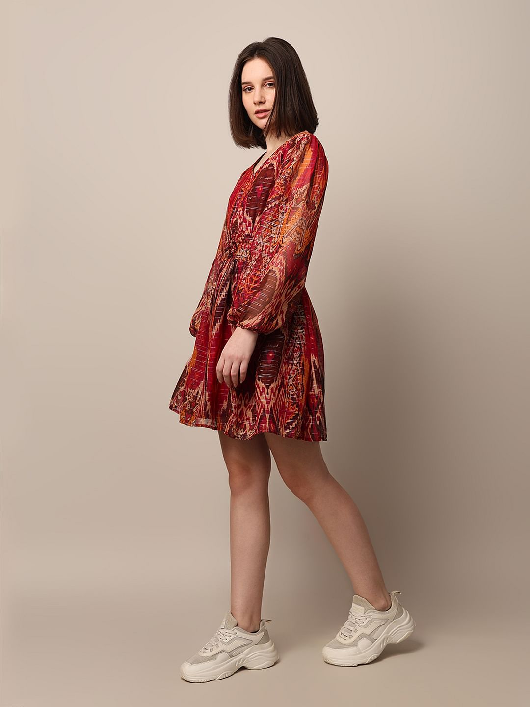 Maroon Printed Mini Dress