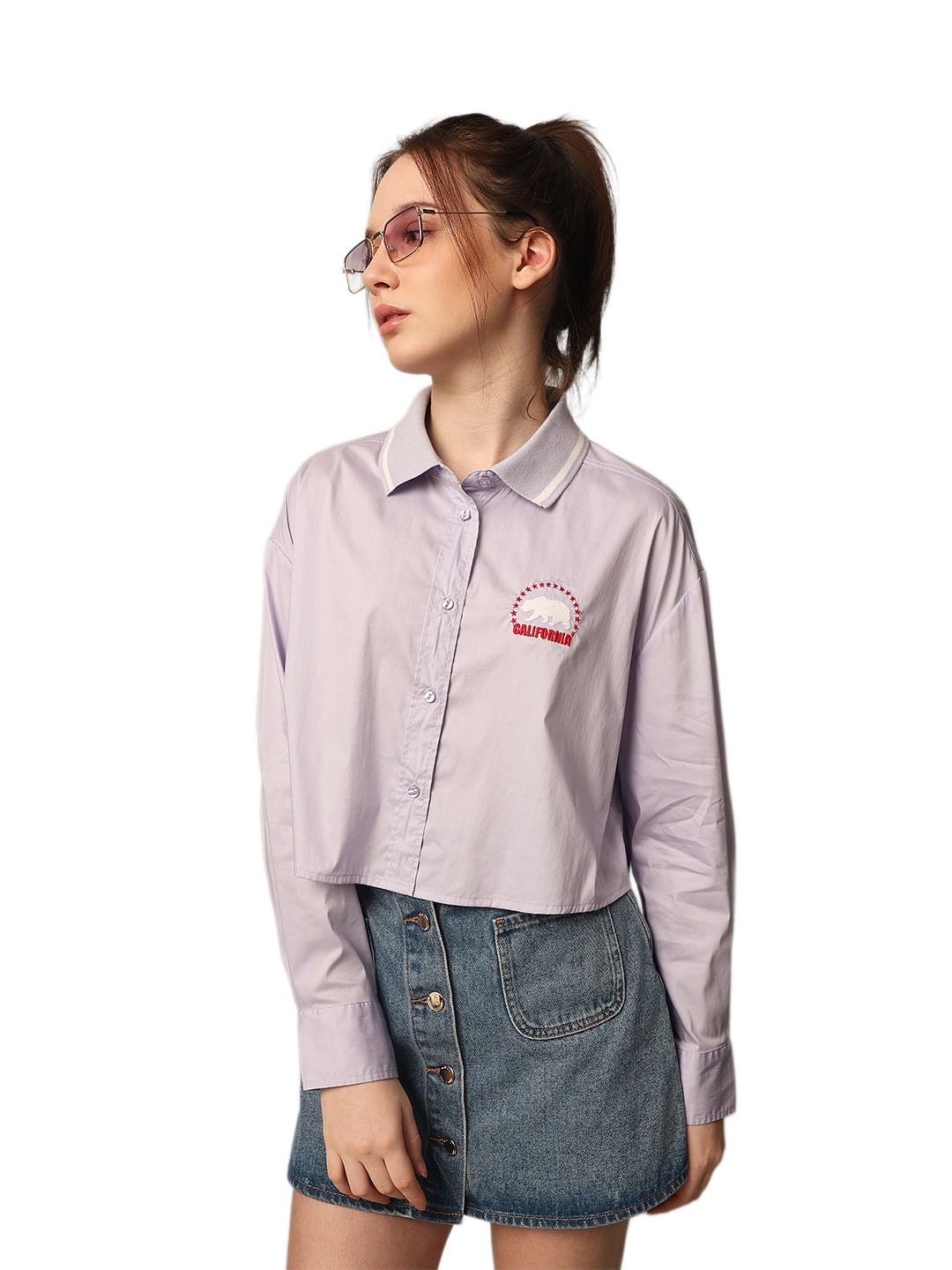 Purple Printed Cropped Shirt