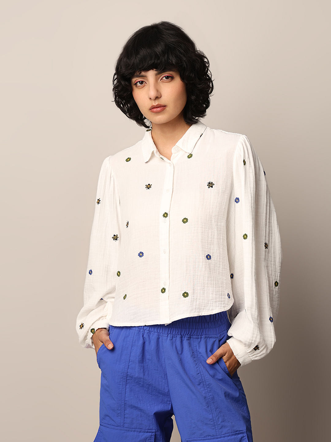 White Embroidered Honey Bee Cotton Shirt