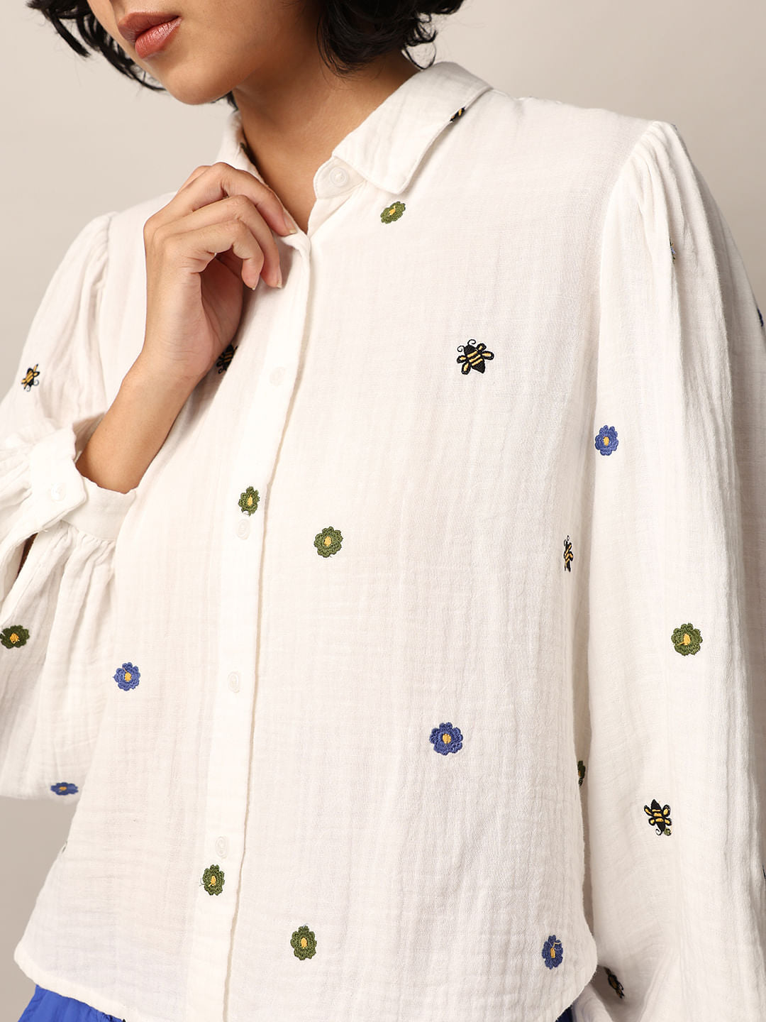 White Embroidered Honey Bee Cotton Shirt