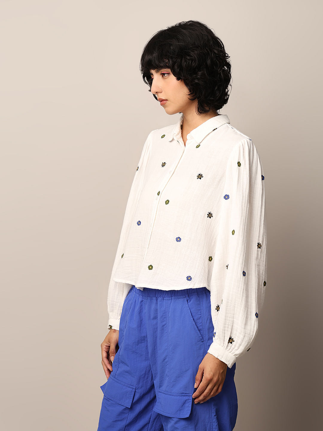 White Embroidered Honey Bee Cotton Shirt