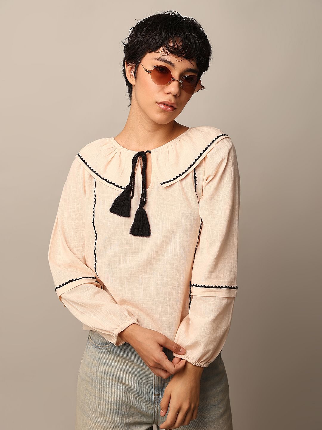 Beige Peter Pan Collar Cotton Top