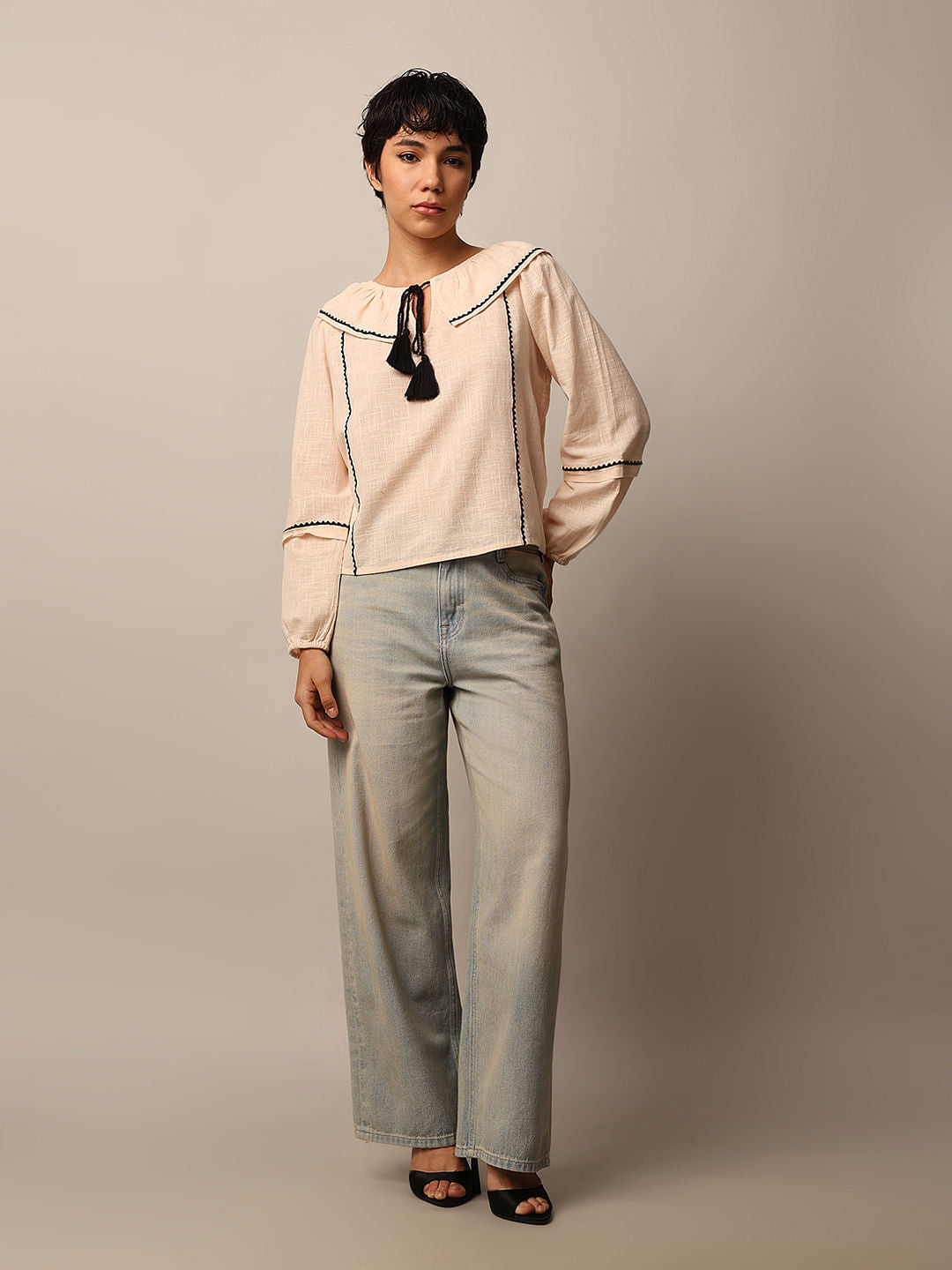 Beige Peter Pan Collar Cotton Top