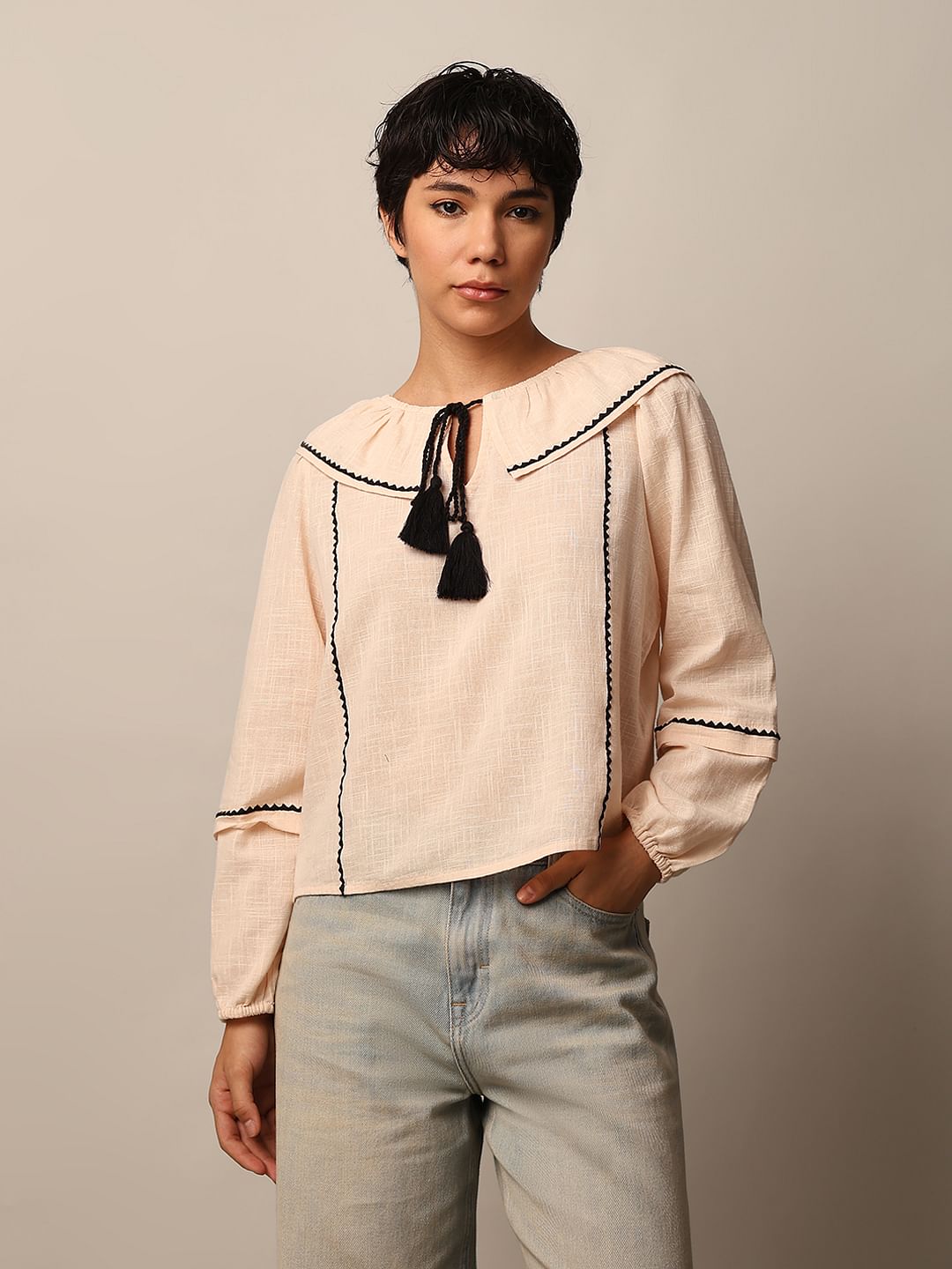 Beige Peter Pan Collar Cotton Top