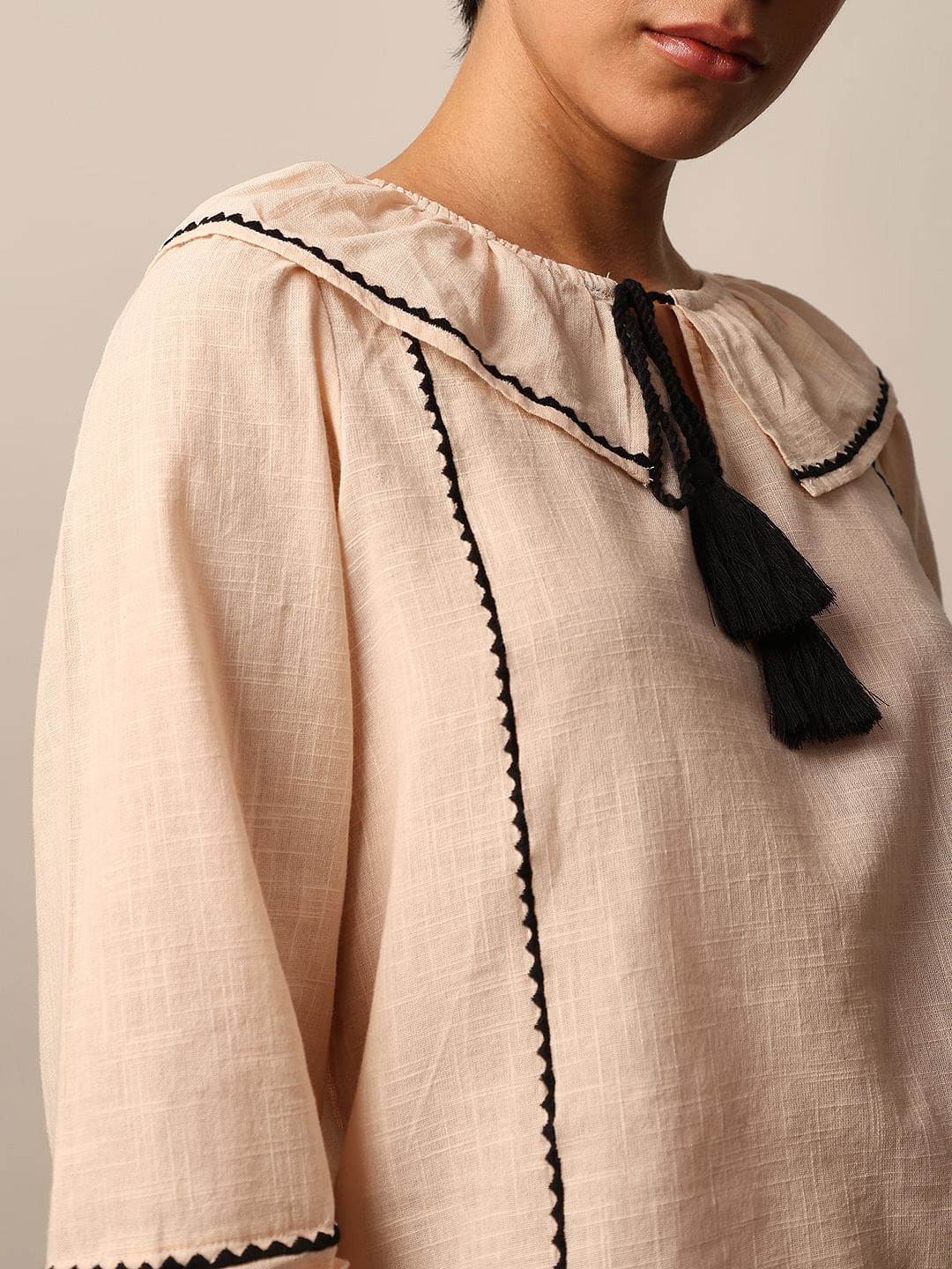 Beige Peter Pan Collar Cotton Top