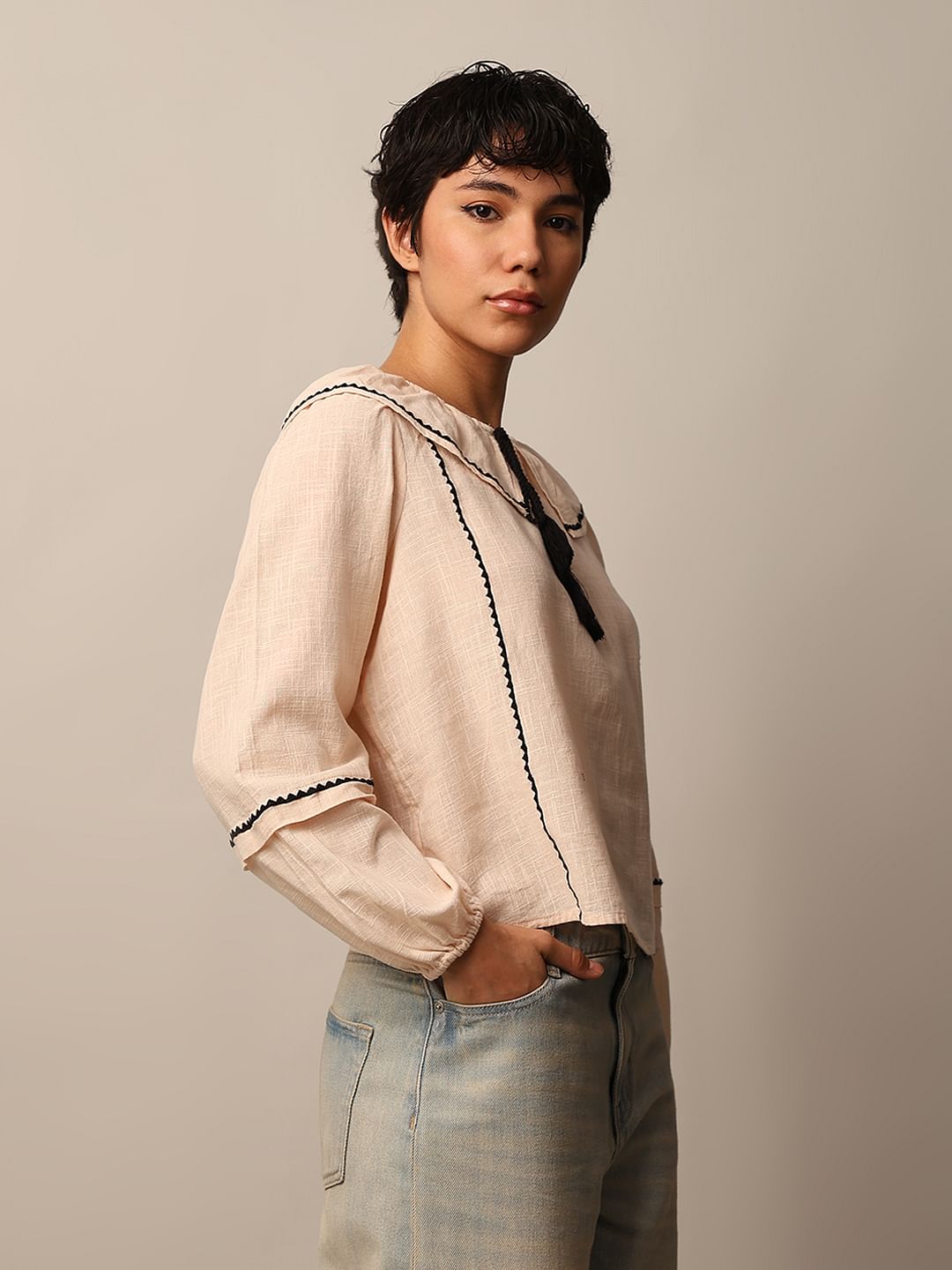 Beige Peter Pan Collar Cotton Top