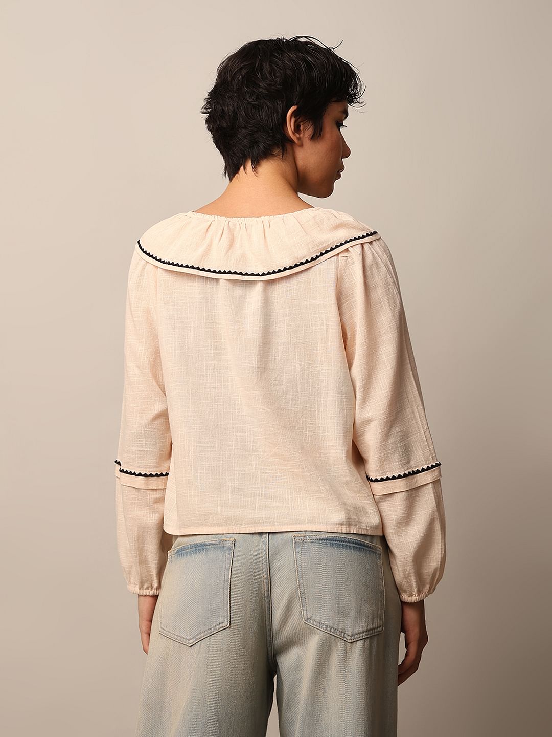 Beige Peter Pan Collar Cotton Top