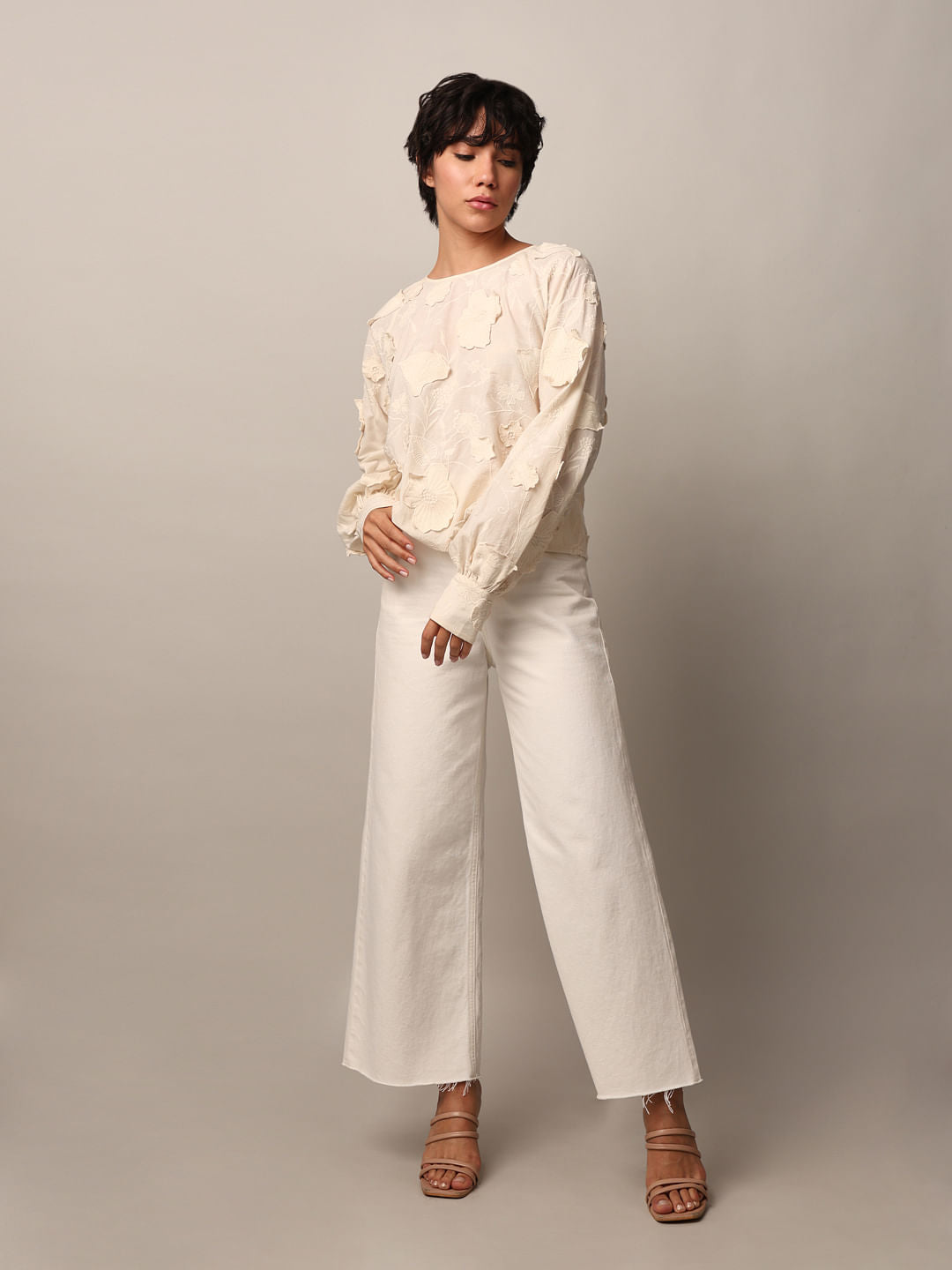 Ecru Beige Jacquard Top