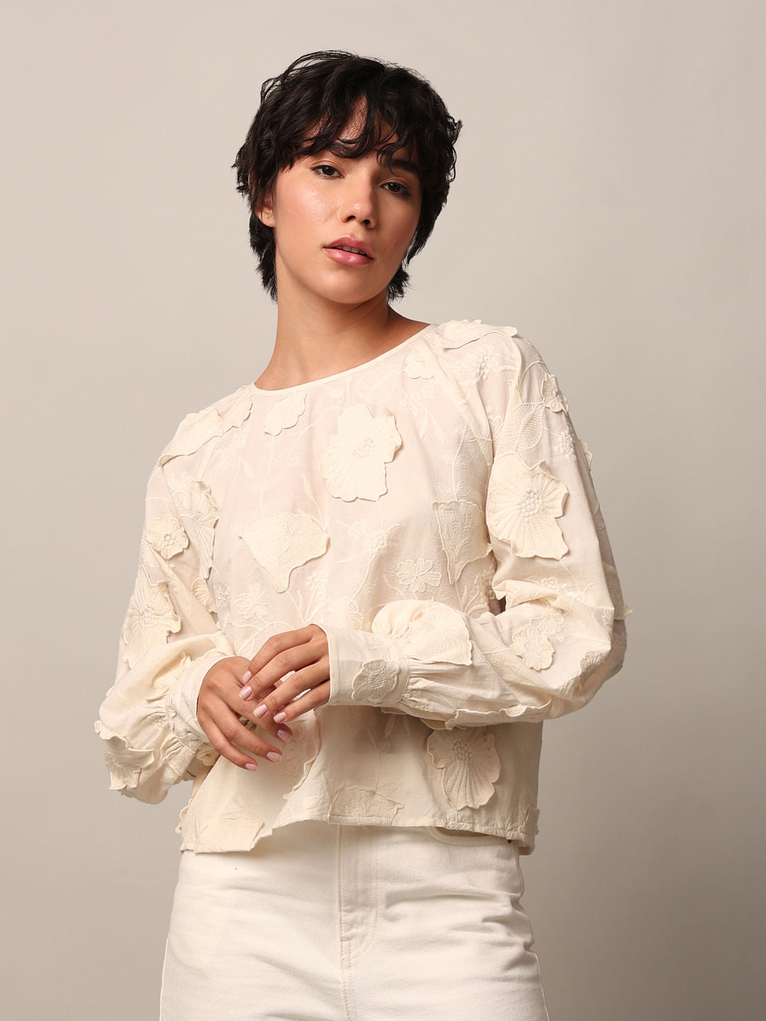Ecru Beige Jacquard Top