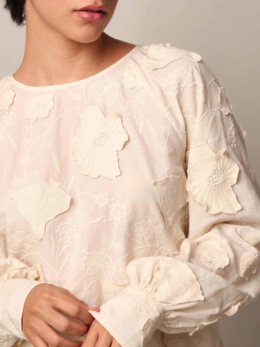 Ecru Beige Jacquard Top