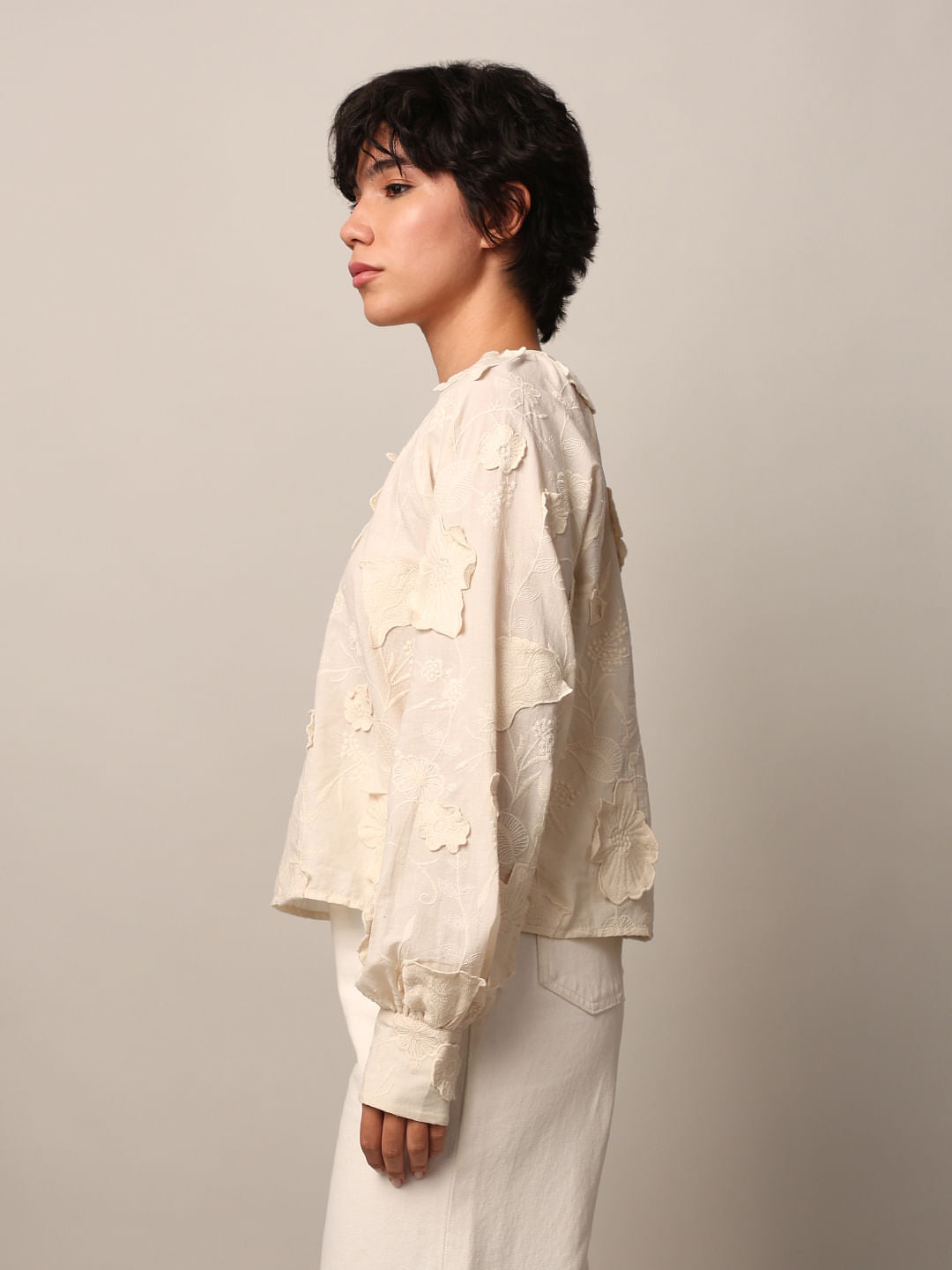 Ecru Beige Jacquard Top