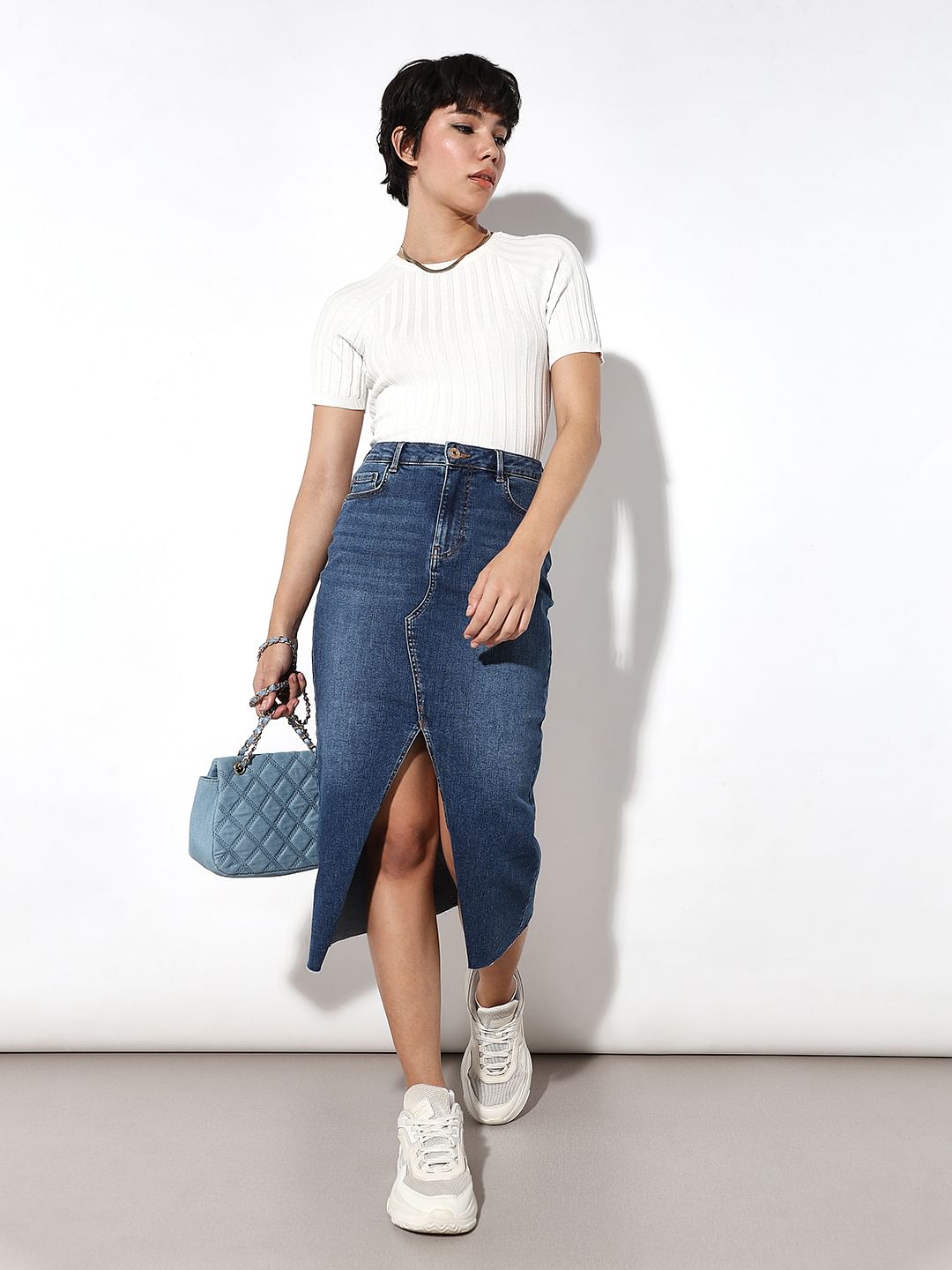 Midi Skirt And Sneakers Short Denim Skirt With Sneakers Blue High